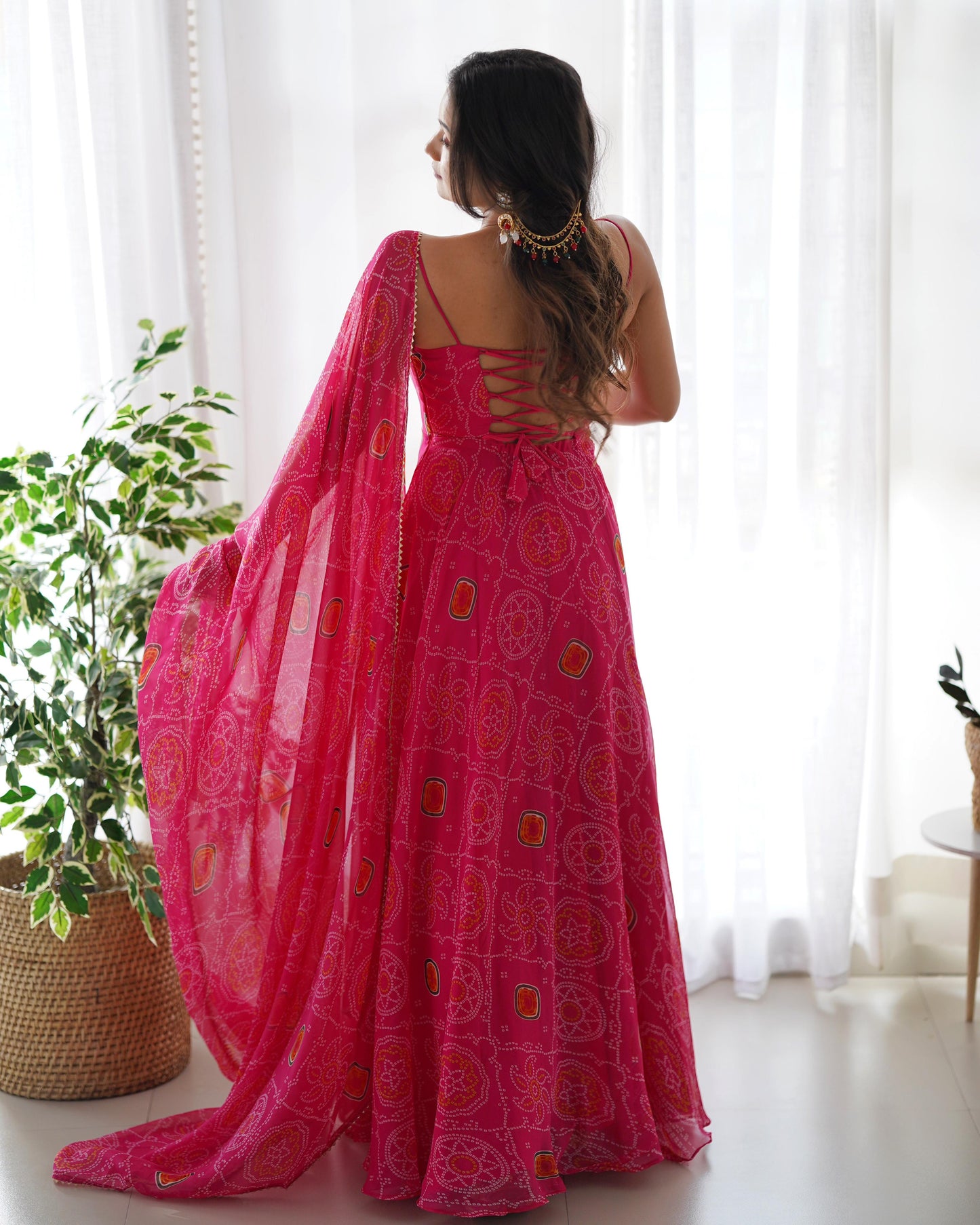 SOFT LIGHT WEIGHT CHIFFON GREEN BANDHANI PRINT ANARKALI 3PC KURTA SET