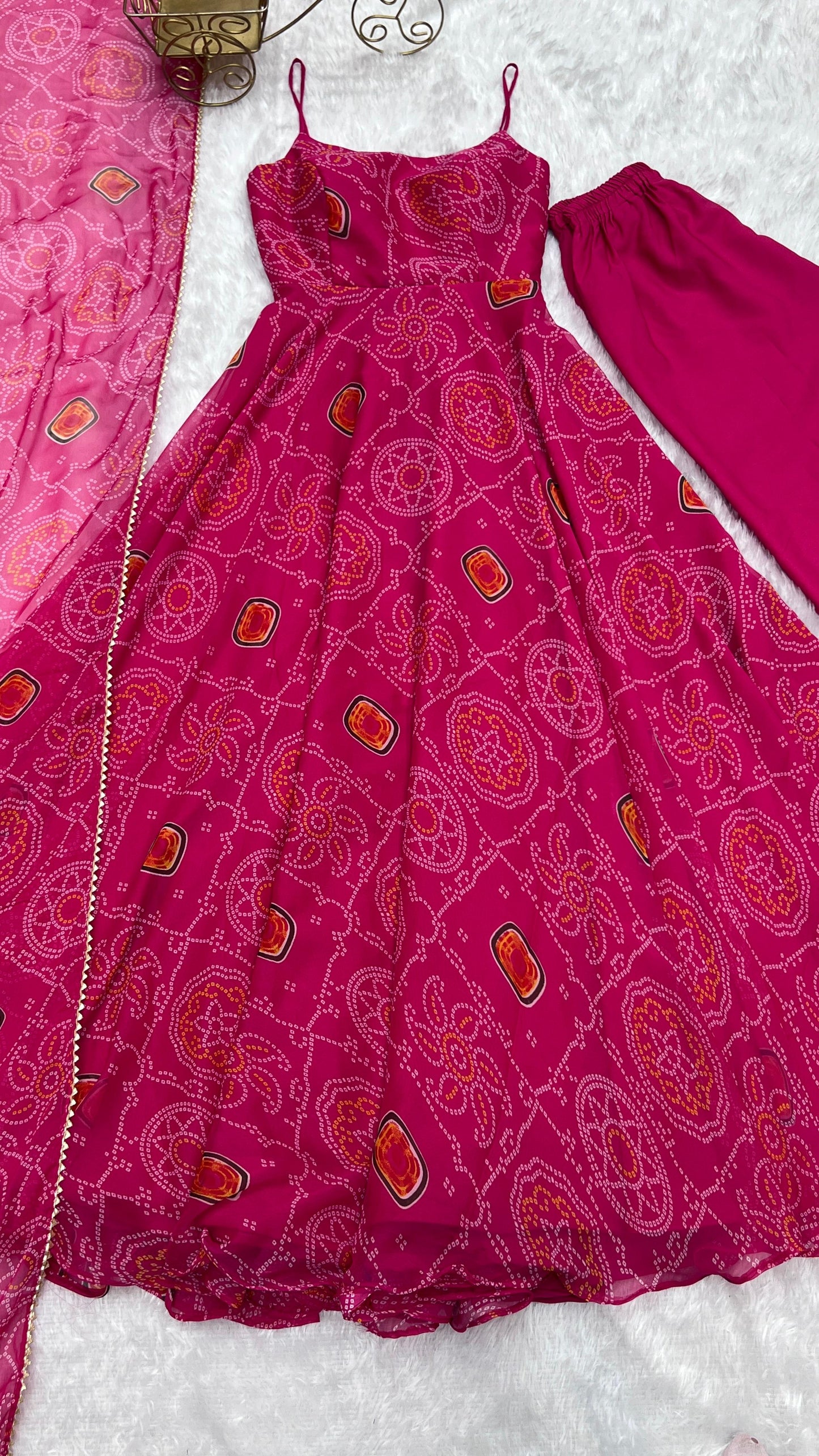 SOFT LIGHT WEIGHT CHIFFON GREEN BANDHANI PRINT ANARKALI 3PC KURTA SET