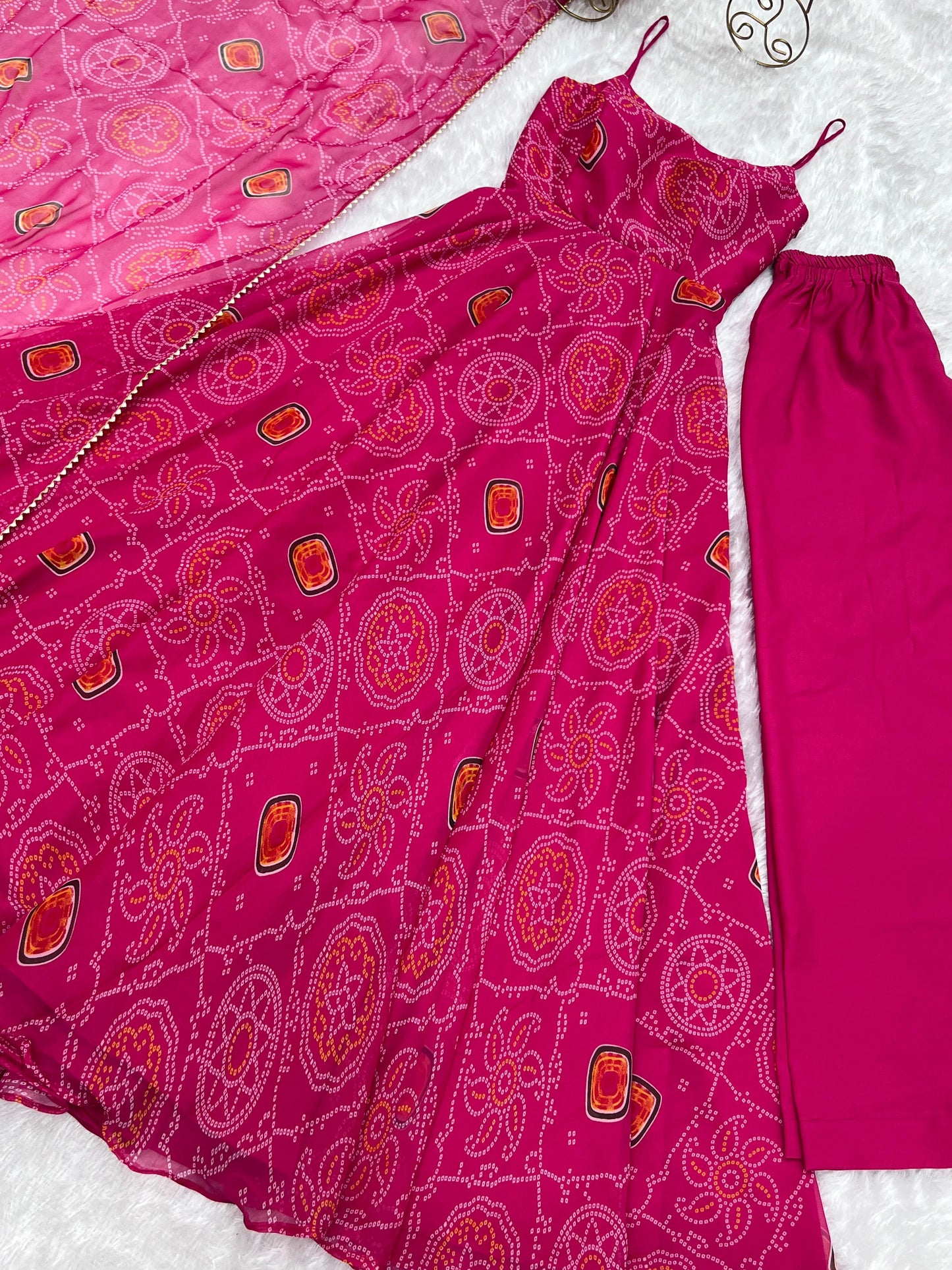SOFT LIGHT WEIGHT CHIFFON GREEN BANDHANI PRINT ANARKALI 3PC KURTA SET