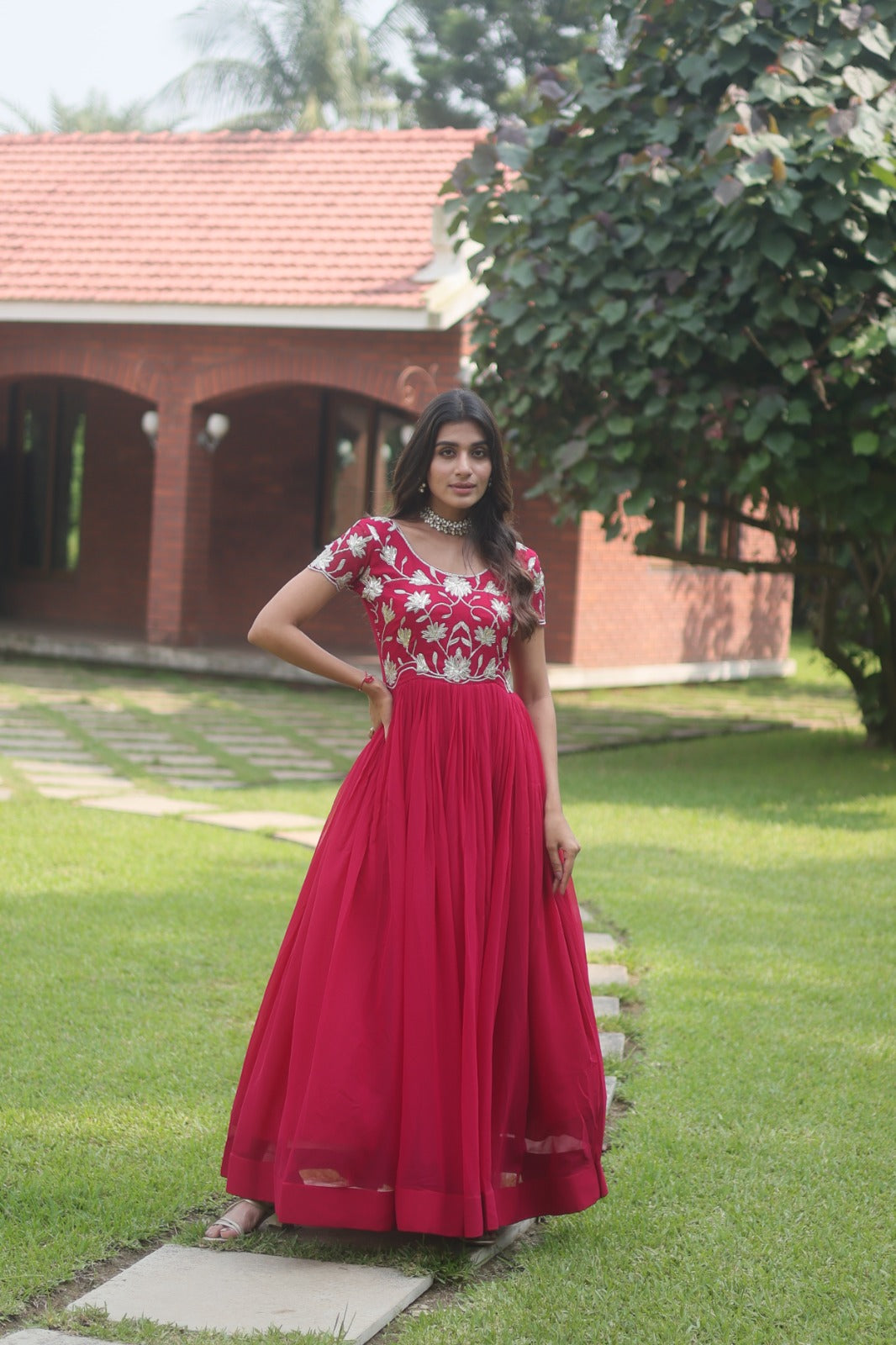 DIVINE RUBY RED FAUX CODING SEQUINS EMBROIDERY WORK ANARKALI GOWN