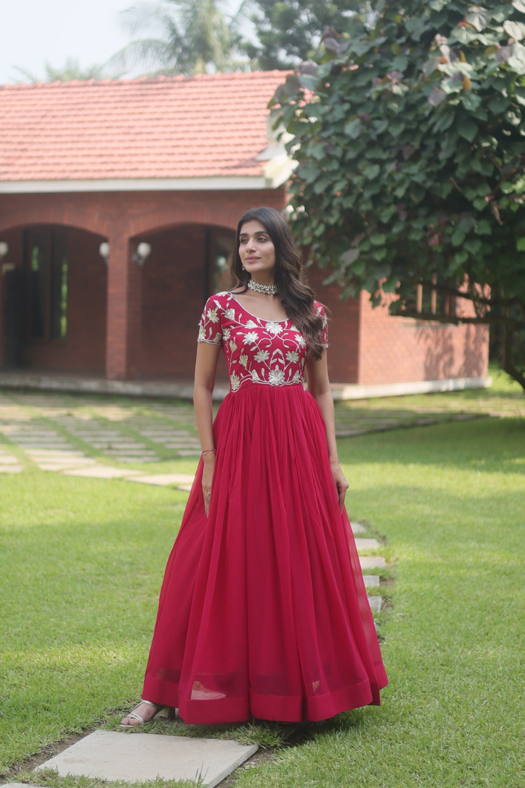 DIVINE RUBY RED FAUX CODING SEQUINS EMBROIDERY WORK ANARKALI GOWN