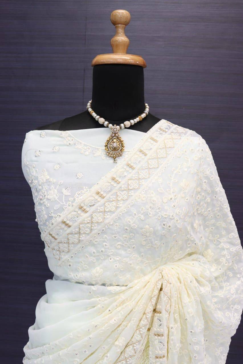 WHITE COLOR GEORGETTE WITH SEQUENCE MULTI THREAD SAREE