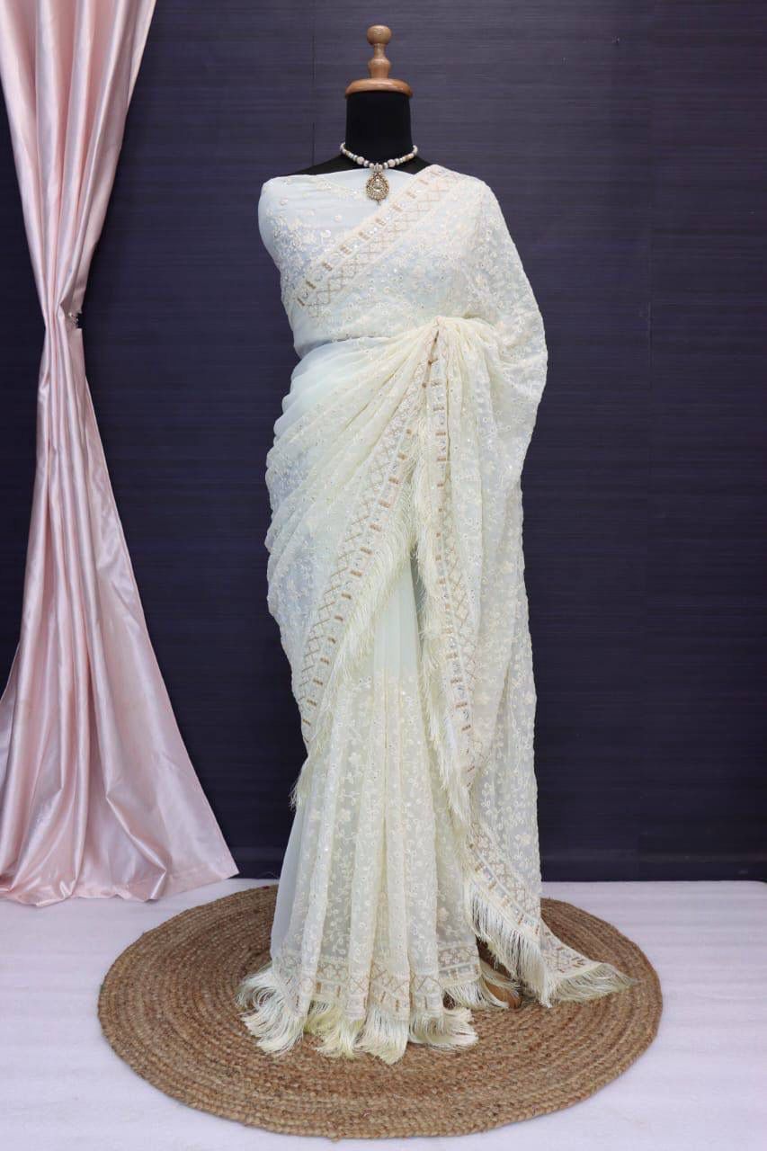 WHITE COLOR GEORGETTE WITH SEQUENCE MULTI THREAD SAREE