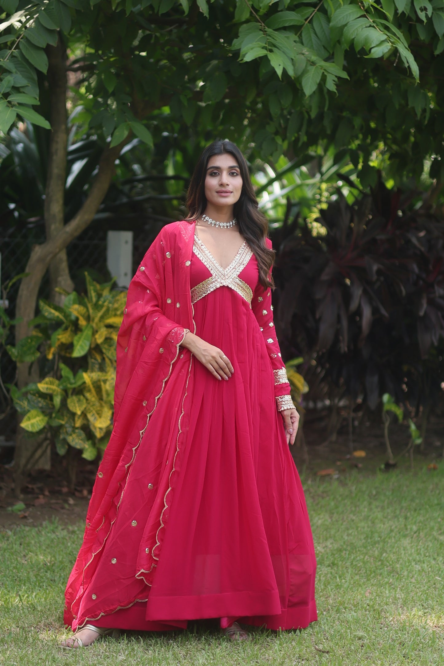 RANI PINK RUSSIAN SILK ZARI SEQUINS ANARKALI GOWN WITH CUT WORK DUPATTA
