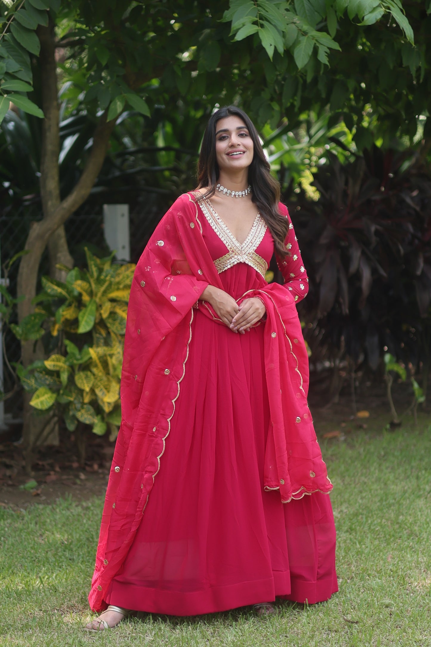 RANI PINK RUSSIAN SILK ZARI SEQUINS ANARKALI GOWN WITH CUT WORK DUPATTA