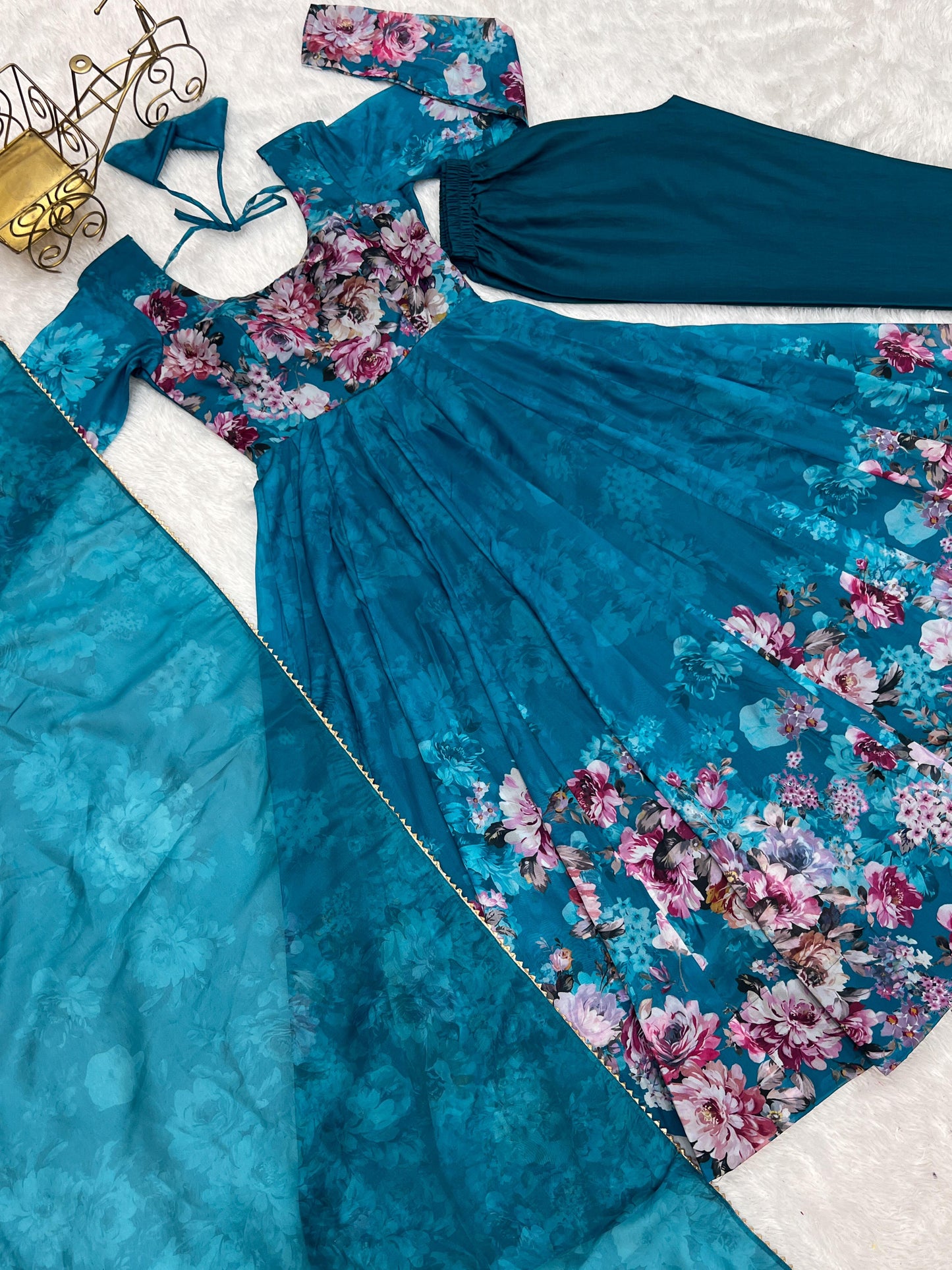 RAMA COLOR KALI CUT ORGANJA SILK PRINT ANARKALI 3PC KURTA SET