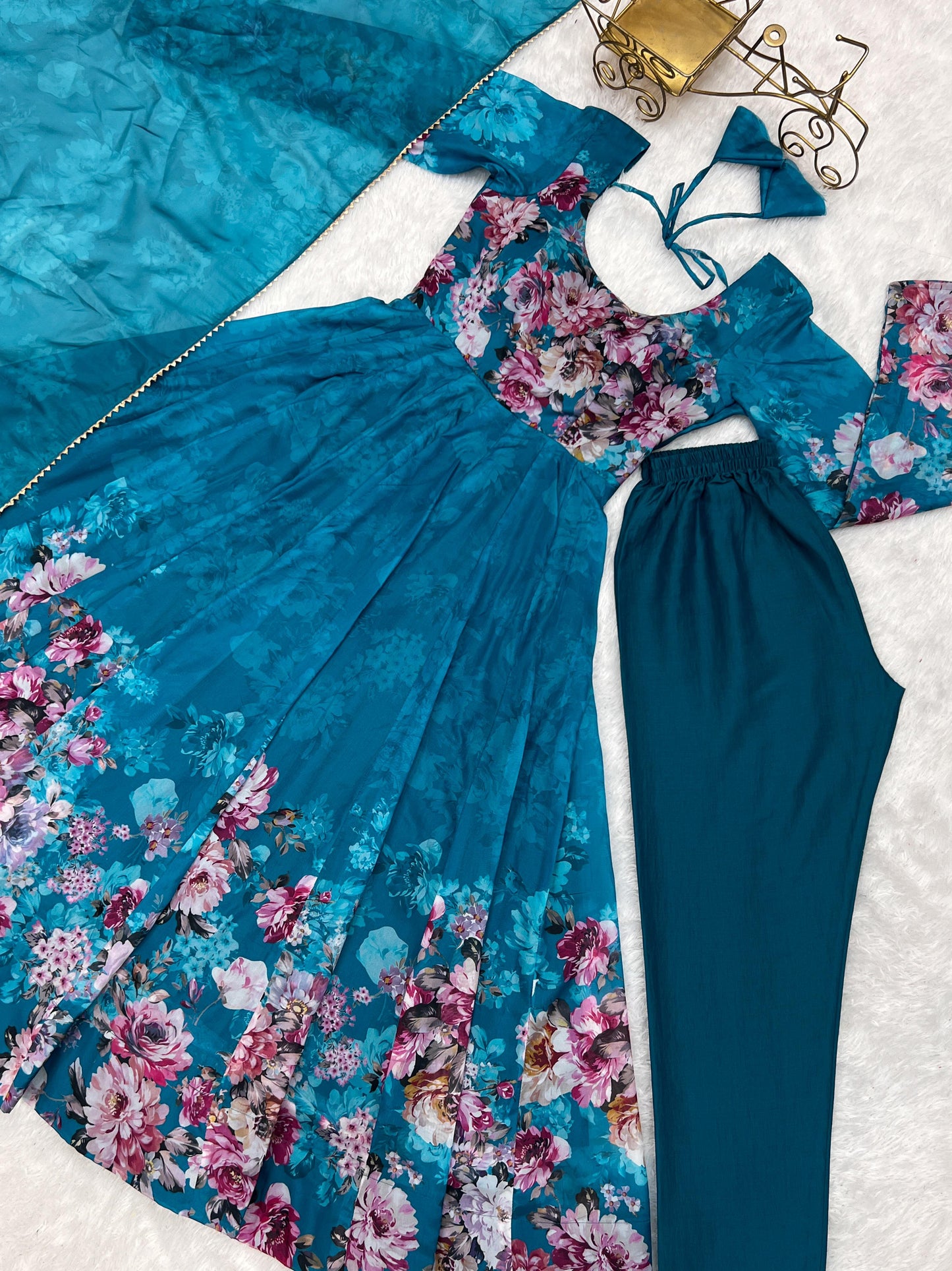 RAMA COLOR KALI CUT ORGANJA SILK PRINT ANARKALI 3PC KURTA SET