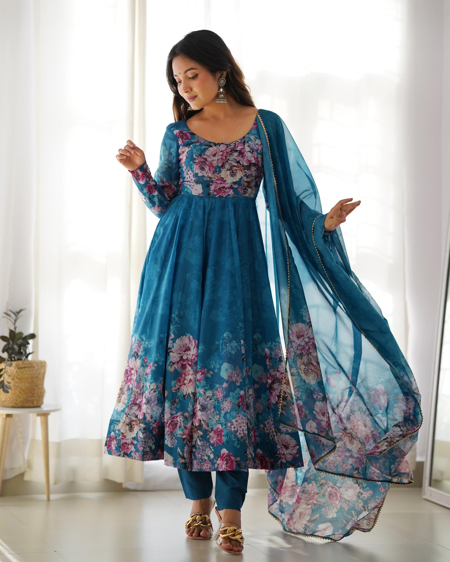 RAMA COLOR KALI CUT ORGANJA SILK PRINT ANARKALI 3PC KURTA SET