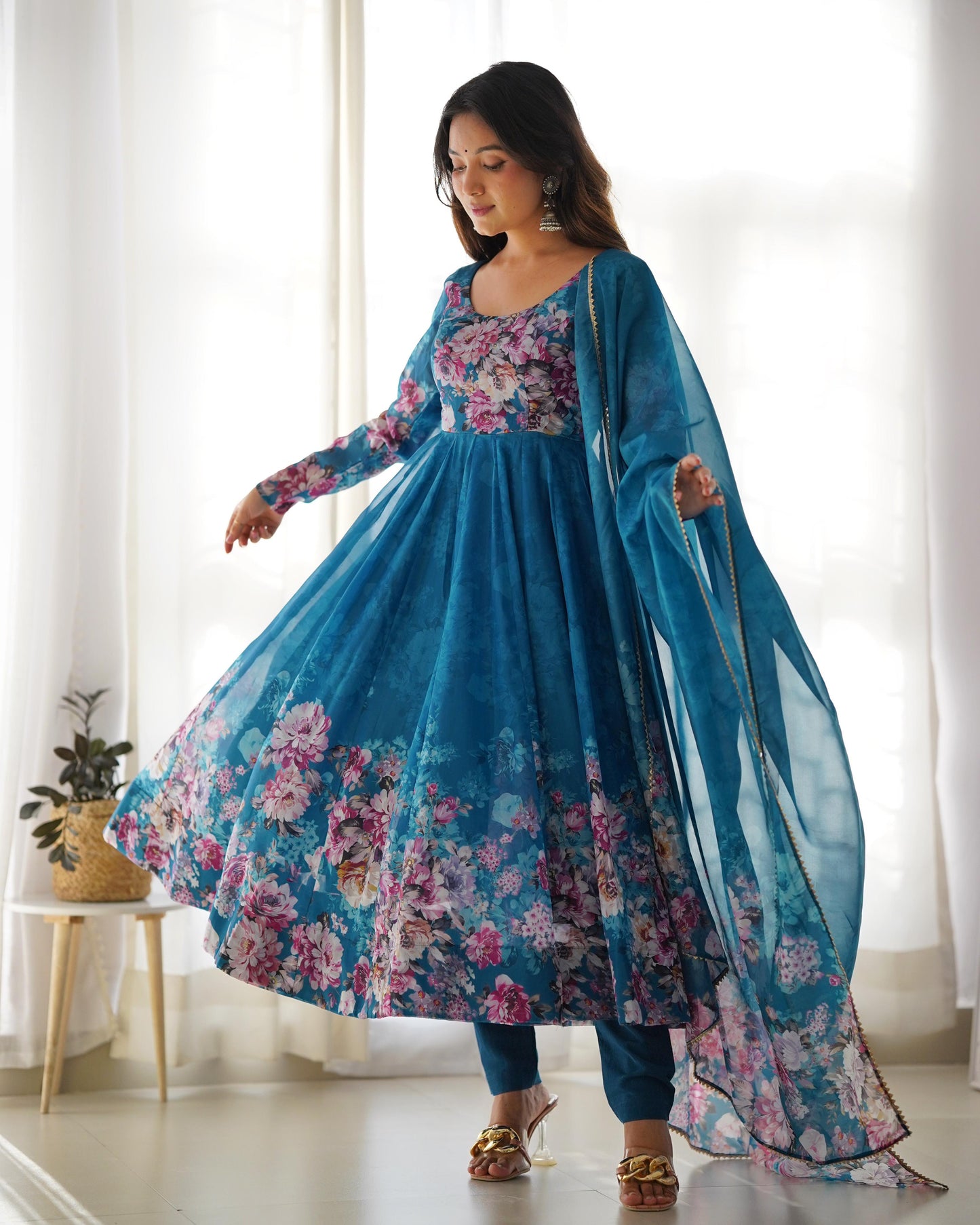 RAMA COLOR KALI CUT ORGANJA SILK PRINT ANARKALI 3PC KURTA SET