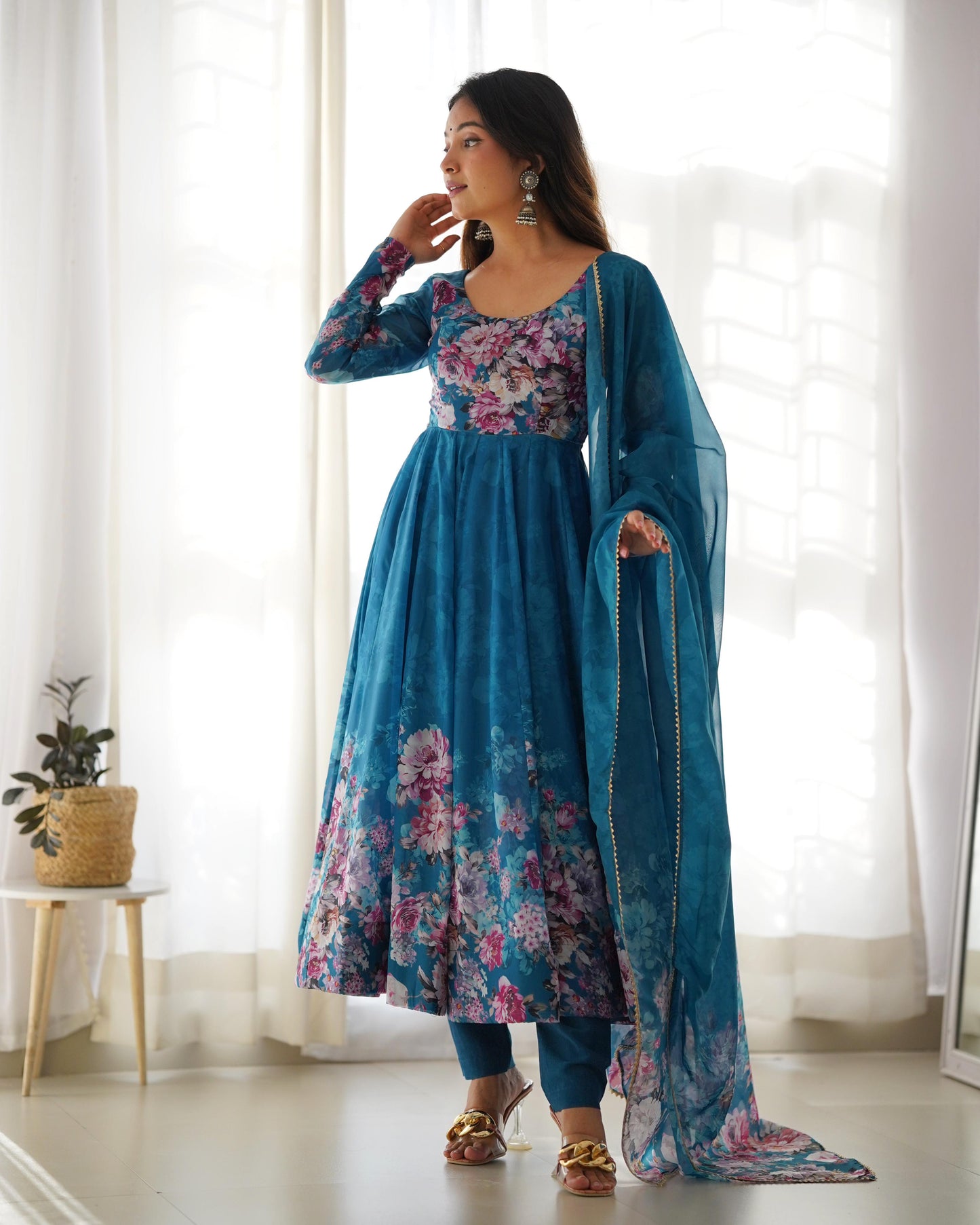 RAMA COLOR KALI CUT ORGANJA SILK PRINT ANARKALI 3PC KURTA SET