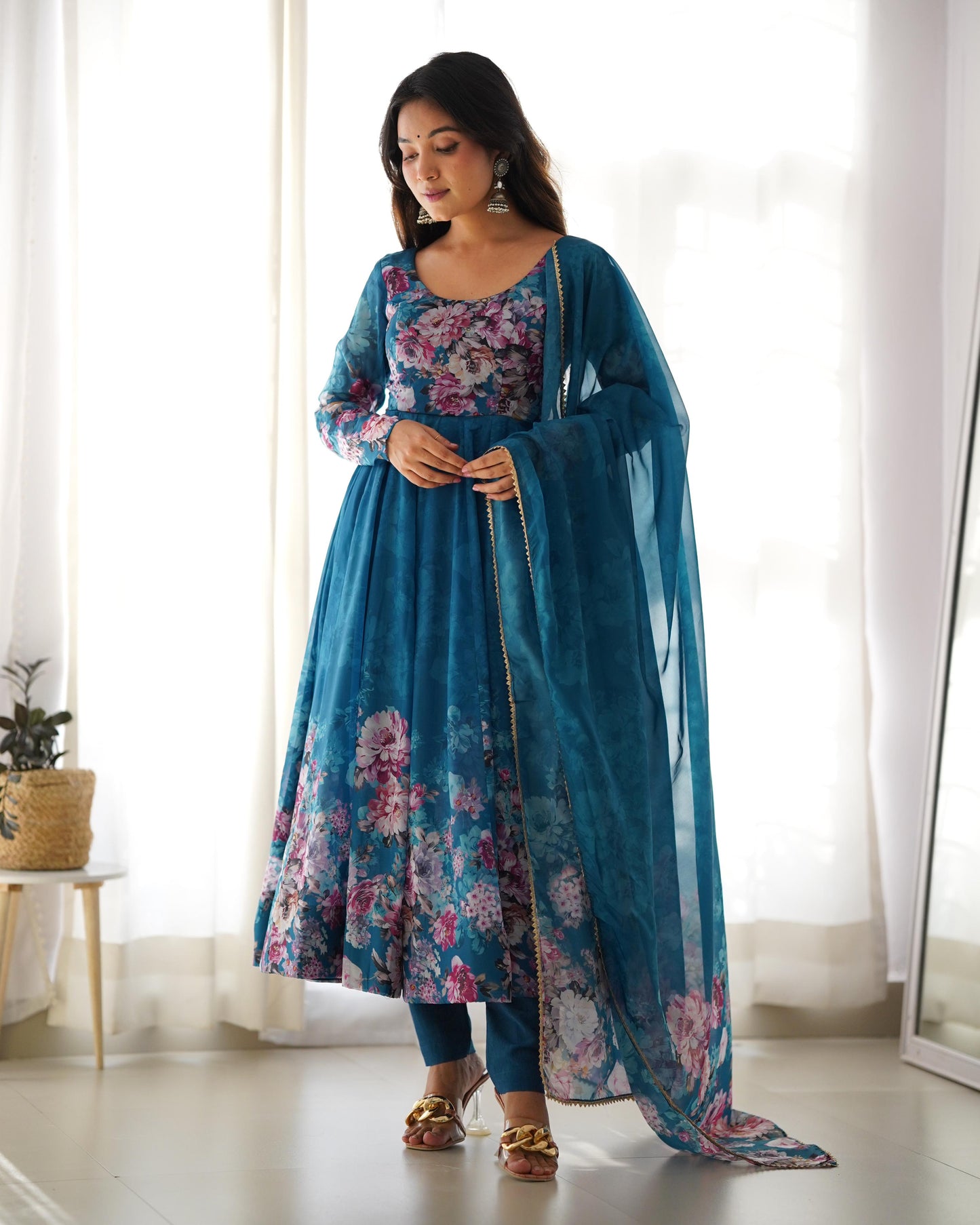 RAMA COLOR KALI CUT ORGANJA SILK PRINT ANARKALI 3PC KURTA SET