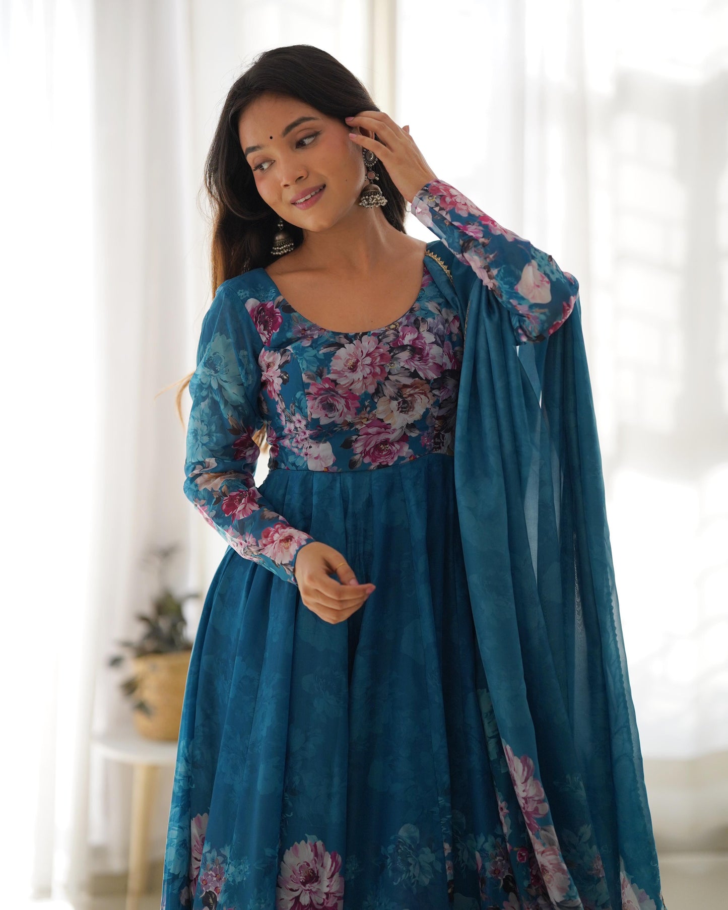 RAMA COLOR KALI CUT ORGANJA SILK PRINT ANARKALI 3PC KURTA SET