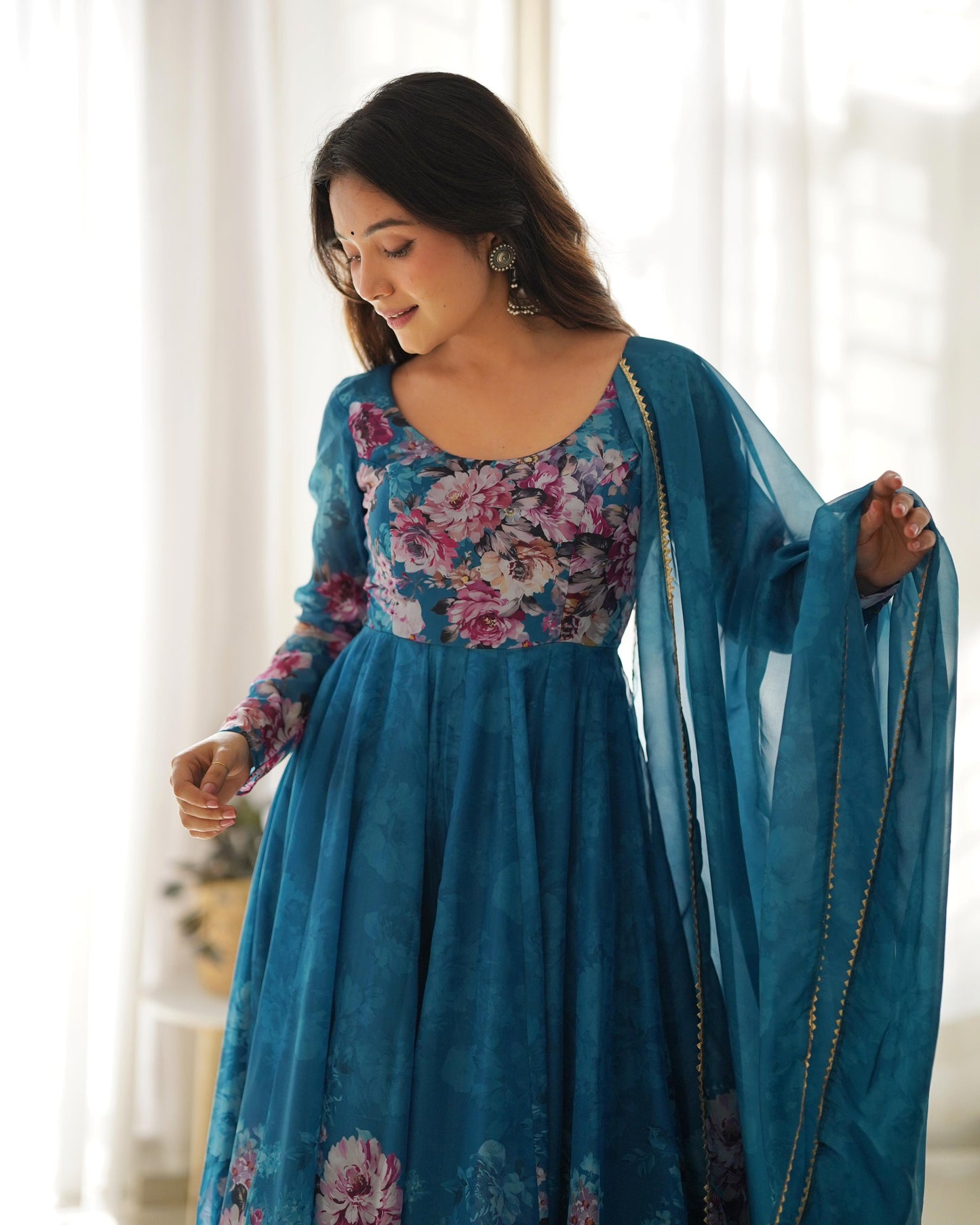 RAMA COLOR KALI CUT ORGANJA SILK PRINT ANARKALI 3PC KURTA SET