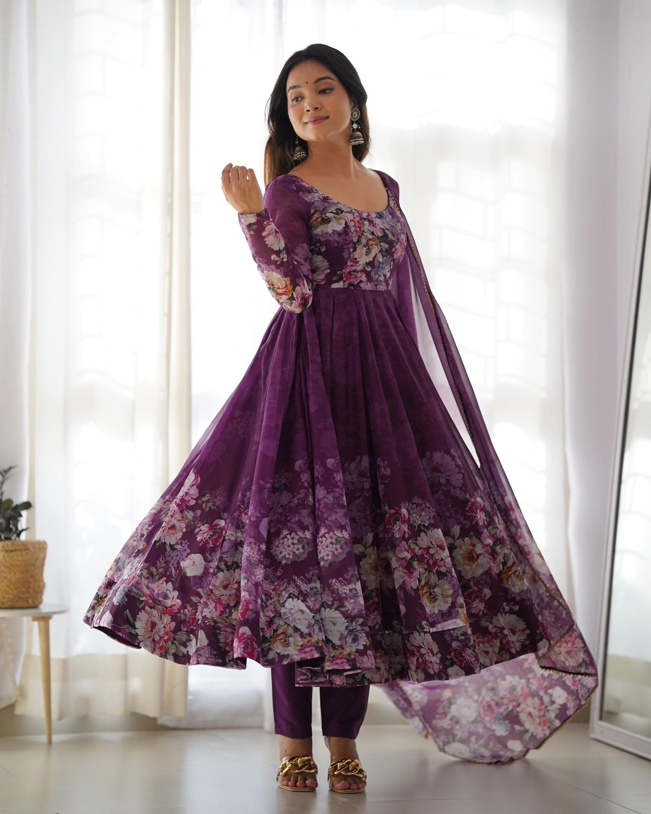 DEEP PURPLE PURE SOFT ORGANJA SILK PRINT ANARKALI 3PC KURTA SET