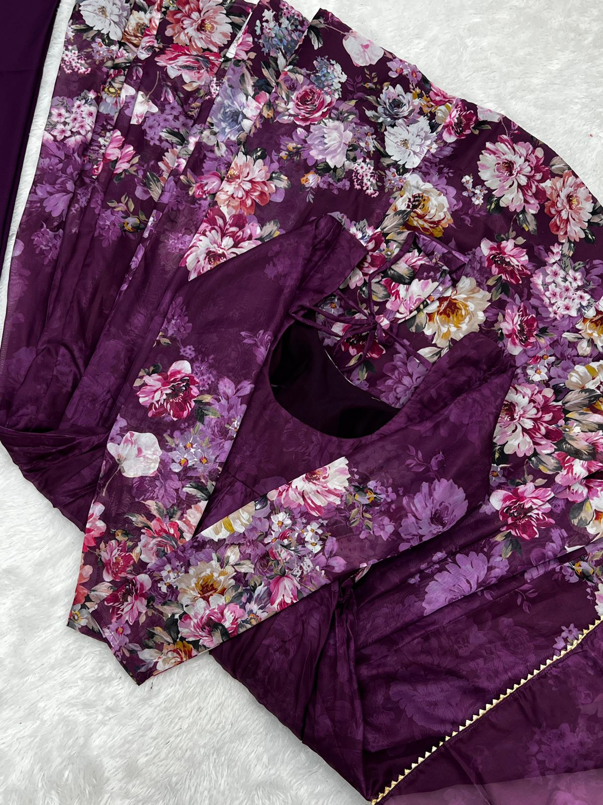 DEEP PURPLE PURE SOFT ORGANJA SILK PRINT ANARKALI 3PC KURTA SET