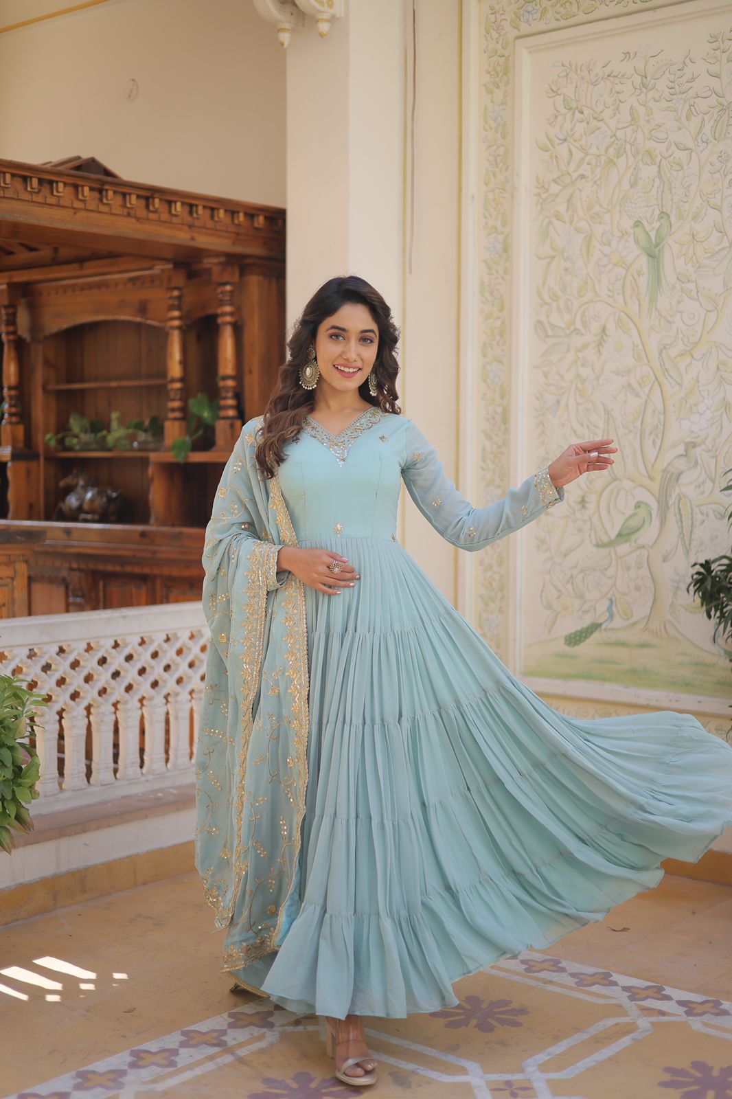 PESTALGREEN FAUX GEORGETTE WITH EMBROIDERY WORK ANARKALI GOWN WITH DUPATTA