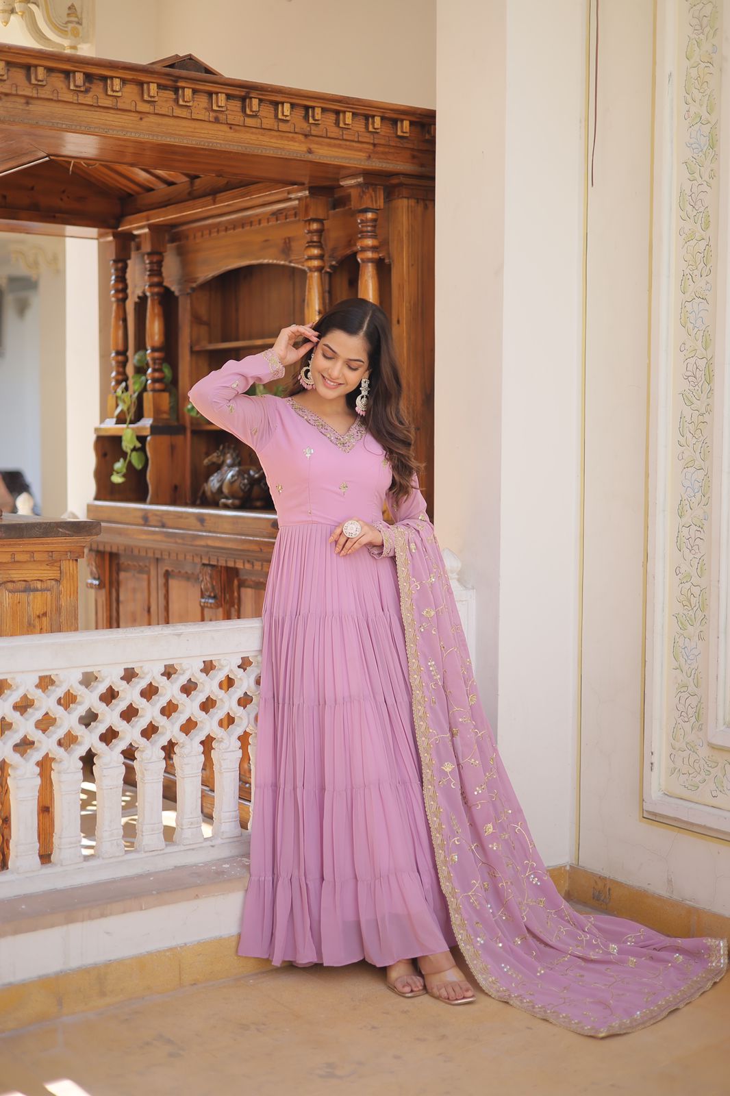 PESTALGREEN FAUX GEORGETTE WITH EMBROIDERY WORK ANARKALI GOWN WITH DUPATTA