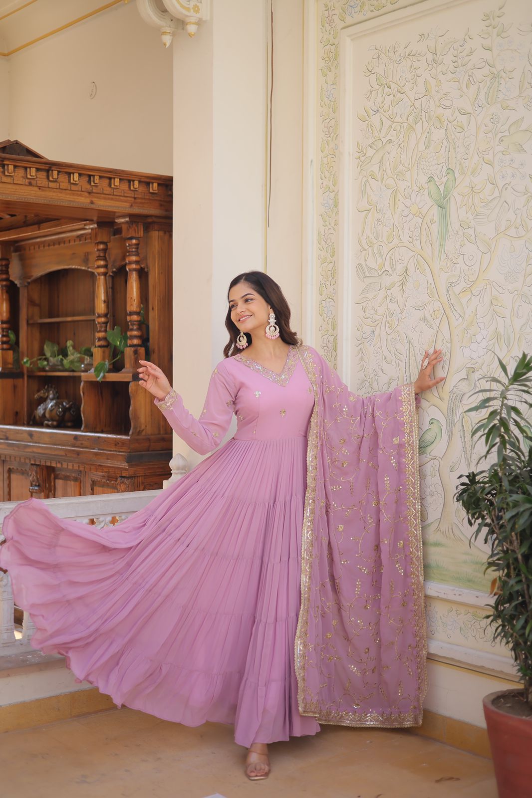 PESTALGREEN FAUX GEORGETTE WITH EMBROIDERY WORK ANARKALI GOWN WITH DUPATTA