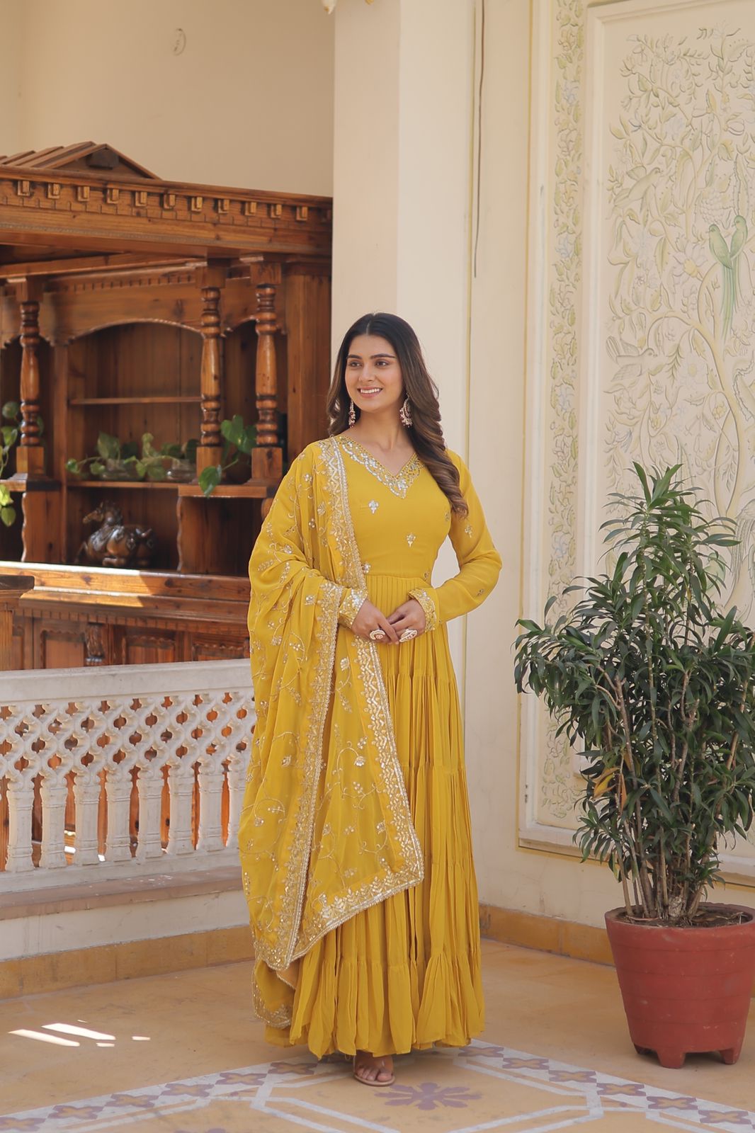 PESTALGREEN FAUX GEORGETTE WITH EMBROIDERY WORK ANARKALI GOWN WITH DUPATTA