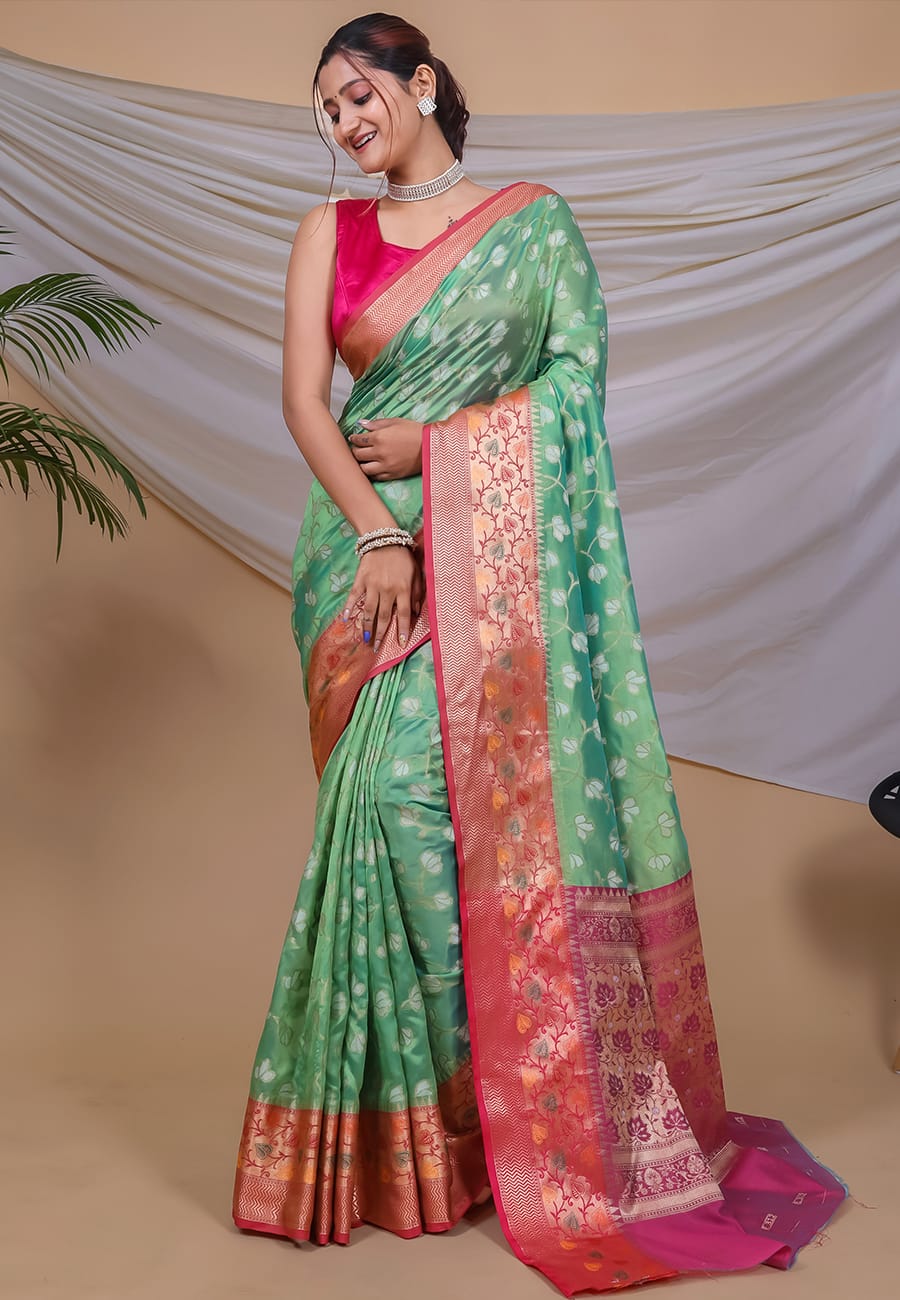 YELLOW COLOR ORGANJA WEAVING WITH MEENAKARI JACQUARD BORDER SILK SAREE