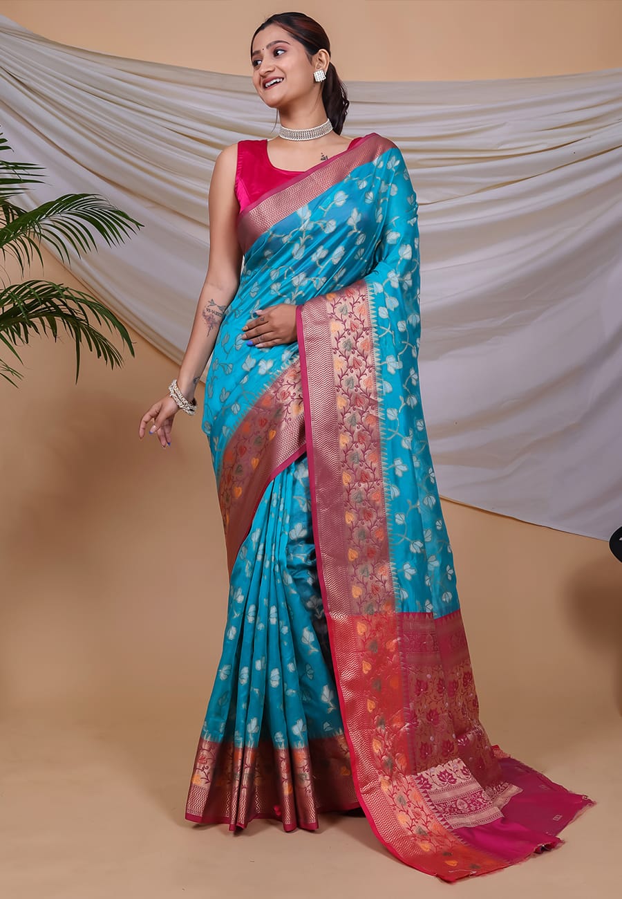 YELLOW COLOR ORGANJA WEAVING WITH MEENAKARI JACQUARD BORDER SILK SAREE