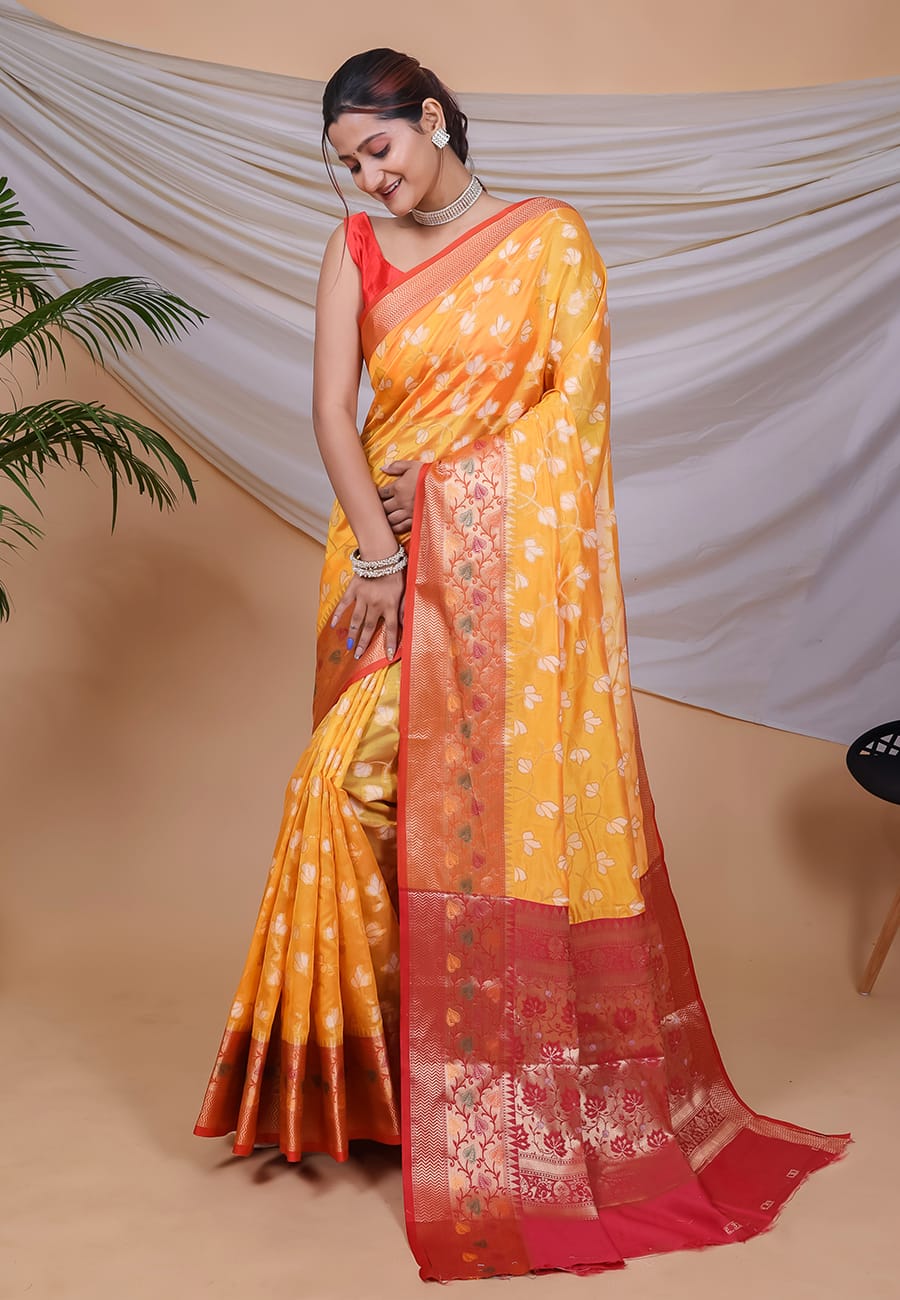 YELLOW COLOR ORGANJA WEAVING WITH MEENAKARI JACQUARD BORDER SILK SAREE