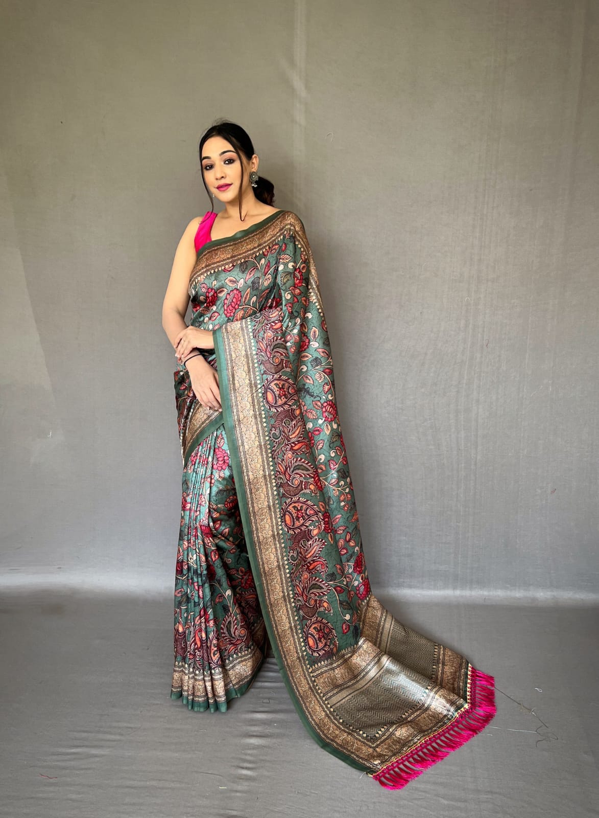 TAN BROWN COLOR SOFT SILK WITH KALAMKARI FUSION PRINT SAREE