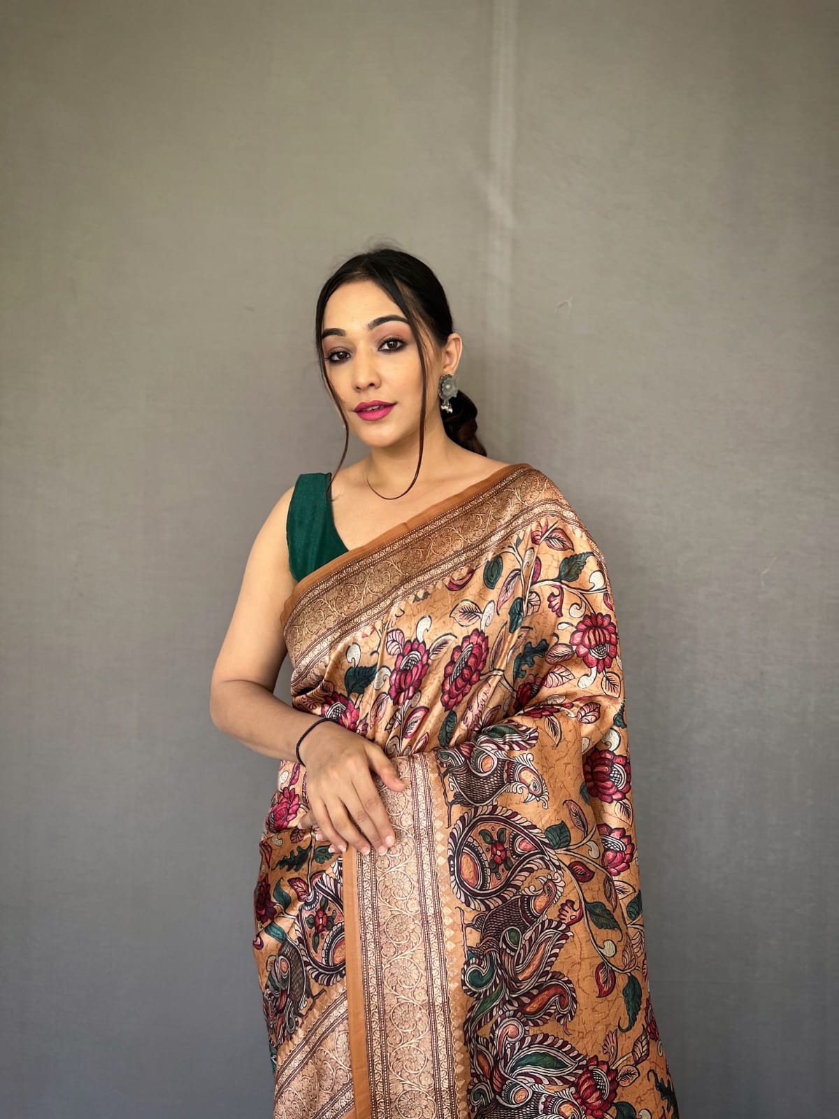 TAN BROWN COLOR SOFT SILK WITH KALAMKARI FUSION PRINT SAREE