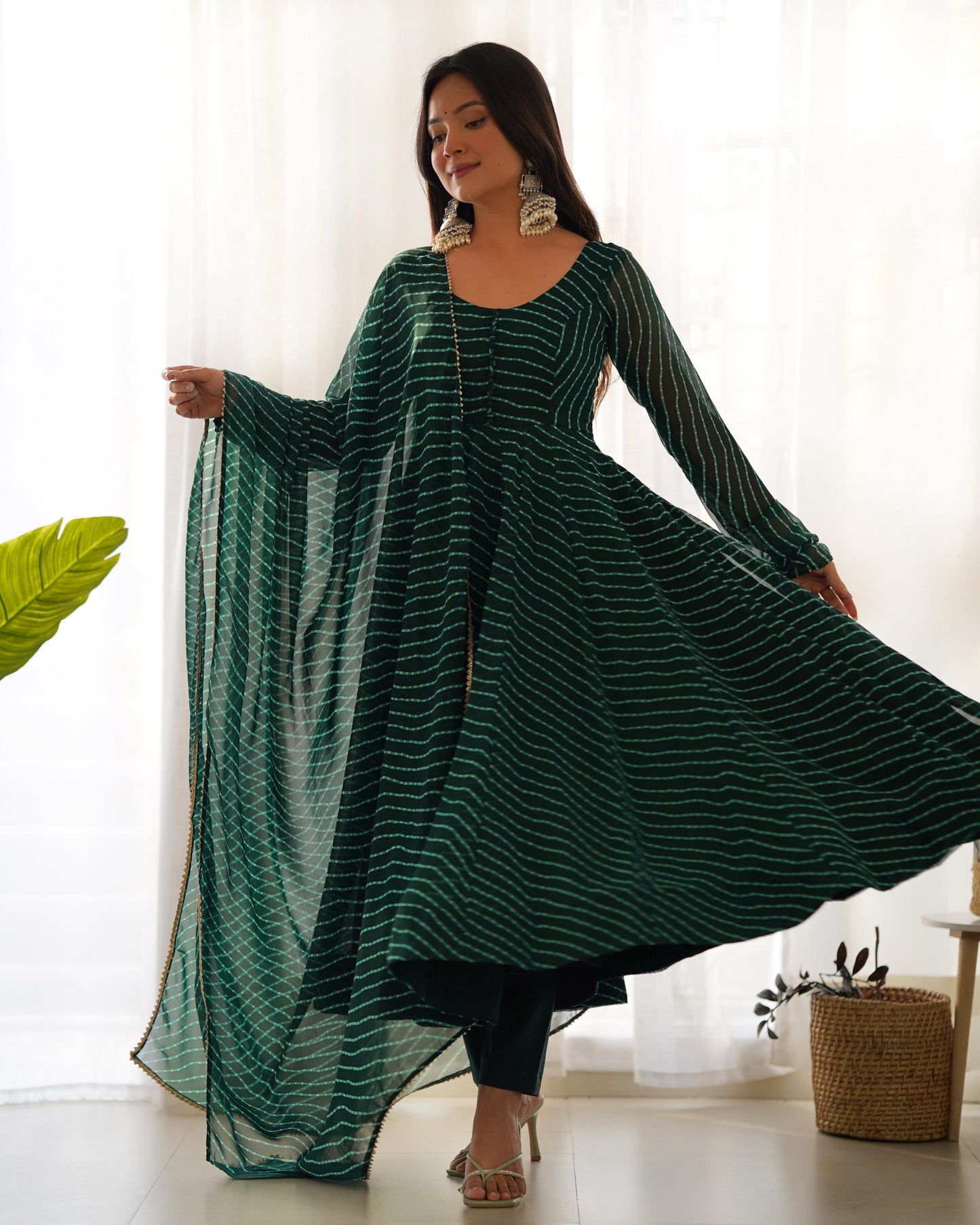 GREEN LEHRIYA ANARKALI 3PC KURTA SET