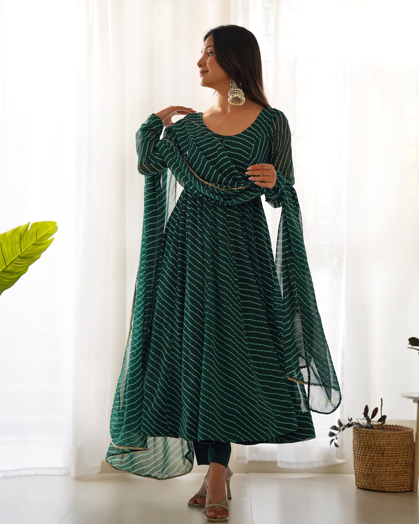 GREEN LEHRIYA ANARKALI 3PC KURTA SET
