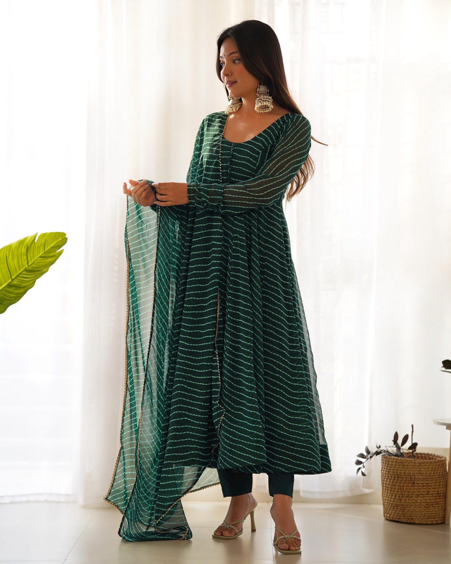 GREEN LEHRIYA ANARKALI 3PC KURTA SET