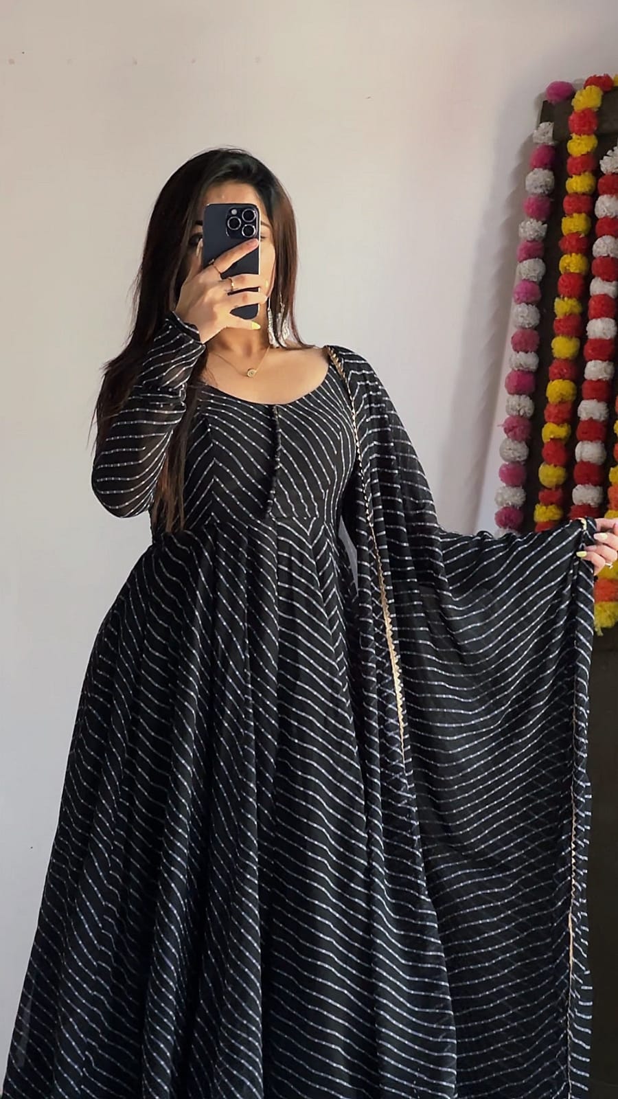 BLACK LEHRIYA ANARKALI 3PC KURTA SET