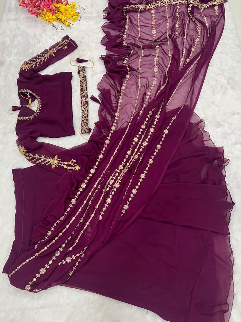WINE CORDING WORK SAREE