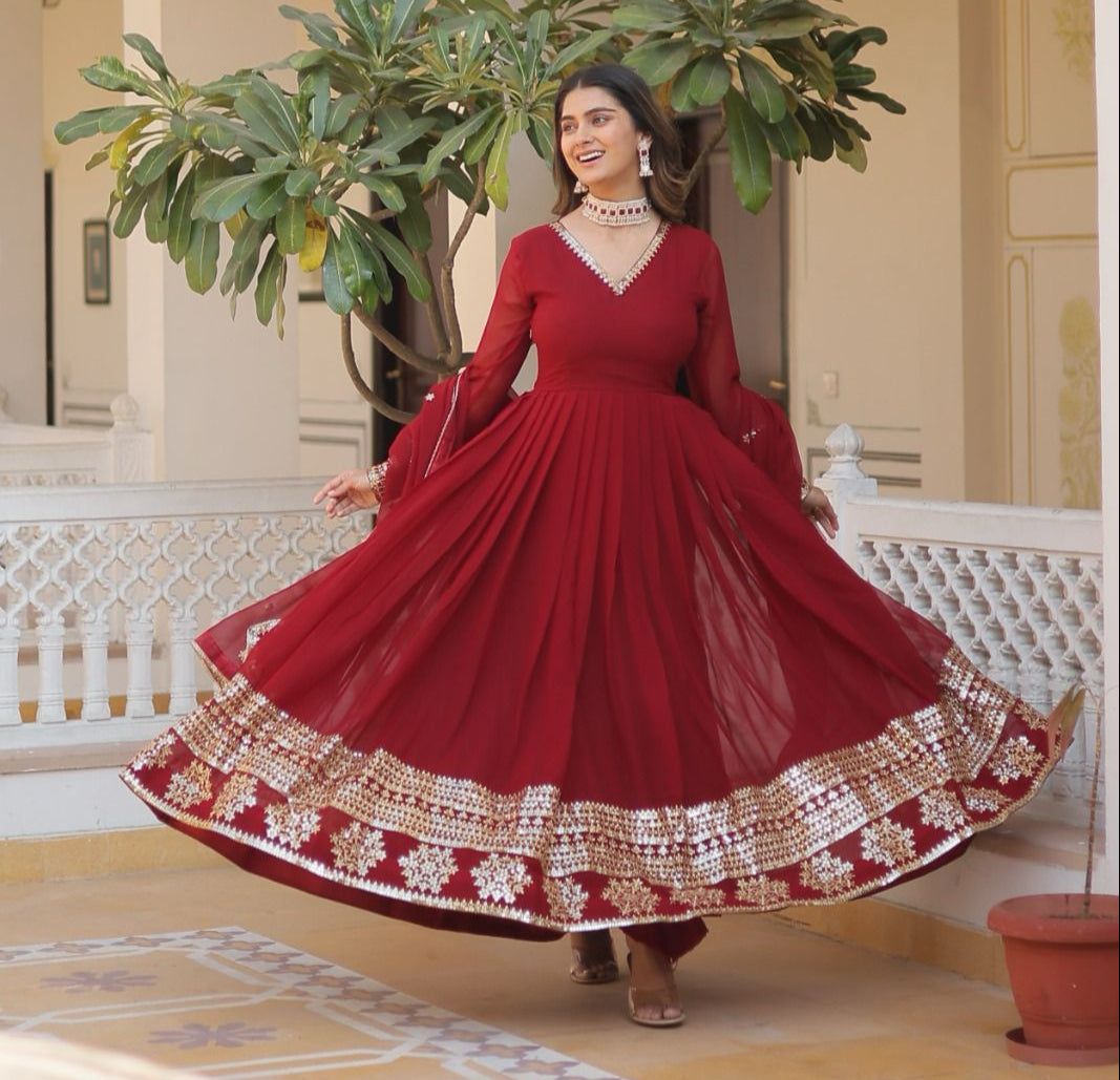 GLORIOUS CHARM WINE COLOR ATTRECTIVE SEQUINS EMBROIDERED WORK ANARKALI GOWN WITH DUPATTA