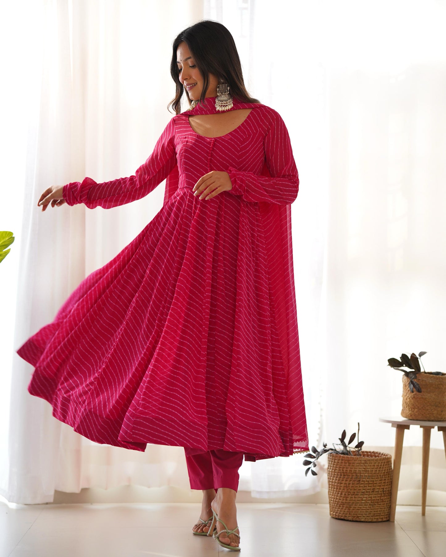 PINK COLOR LEHRIYA PRINT FAUX GEORGETTE ANARKALI 3PC KURTA SET