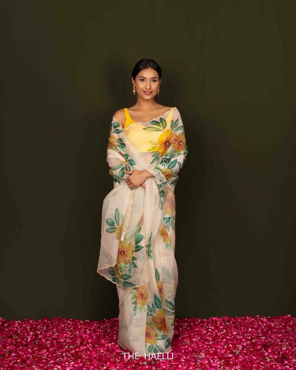 WHITE COLOR HAND KHATALI PRINT SOFT ORGANJA SILK SAREE