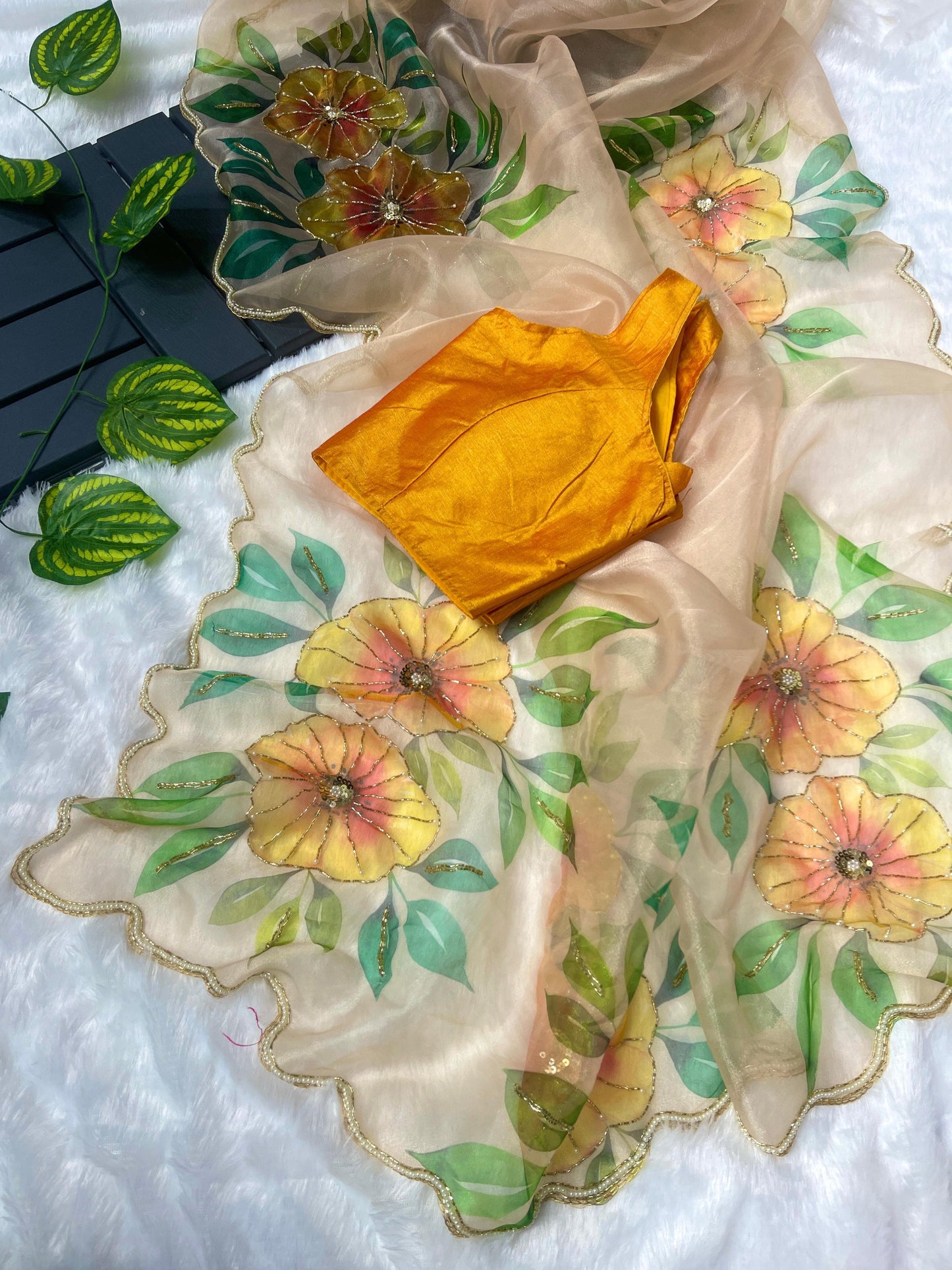 WHITE COLOR HAND KHATALI PRINT SOFT ORGANJA SILK SAREE