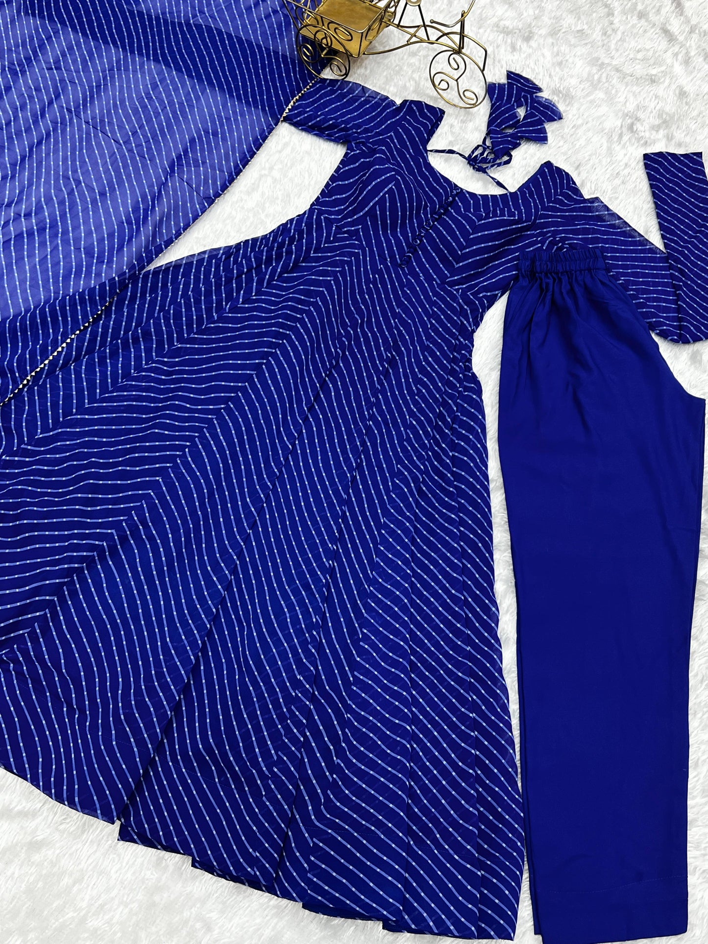 BLUE LEHRIYA ANARKALI 3PC KURTA SET