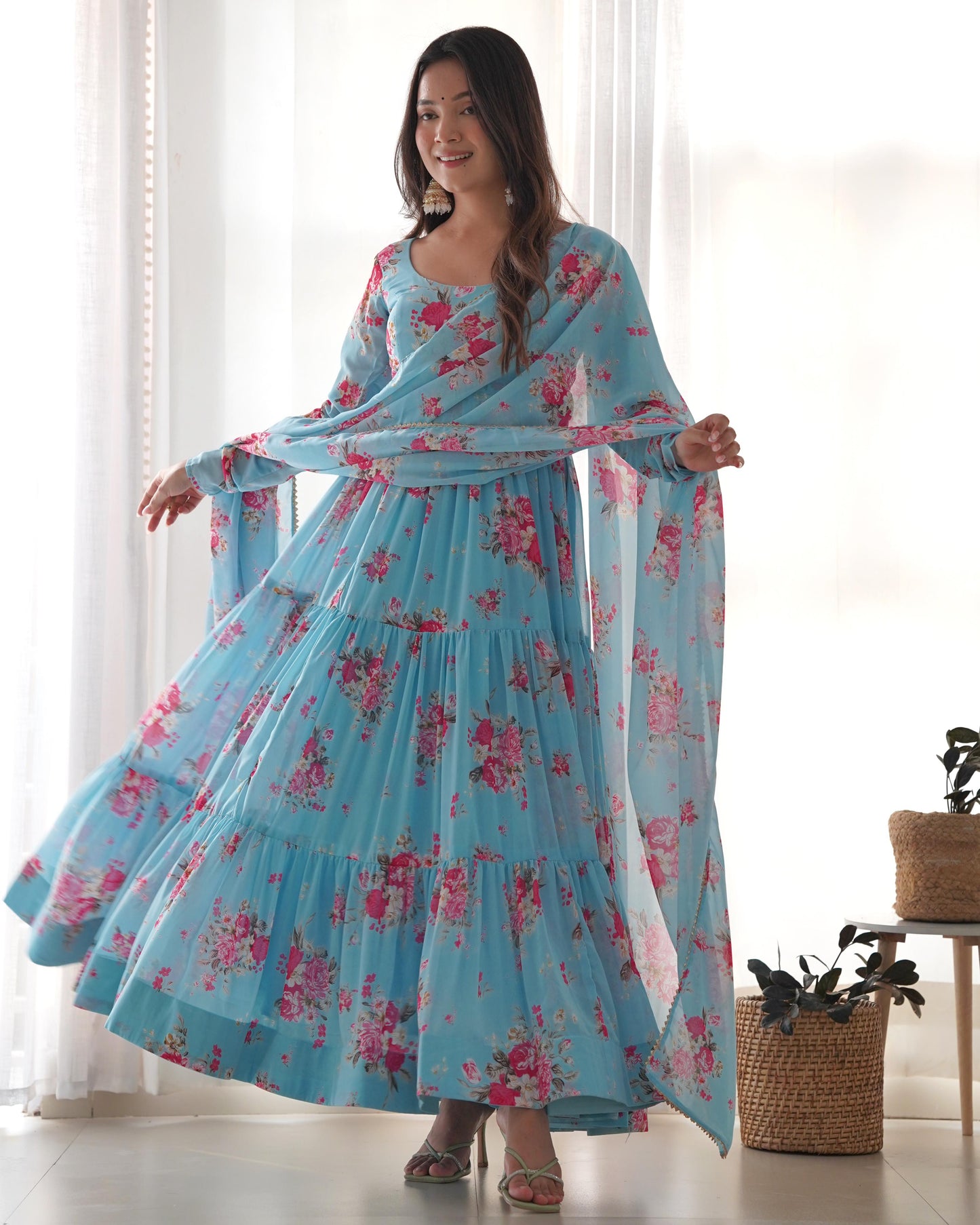 SKY BLUE COLOR GEORGETTE FLORAL PRINT ANARKALI 3PC KURTA SET