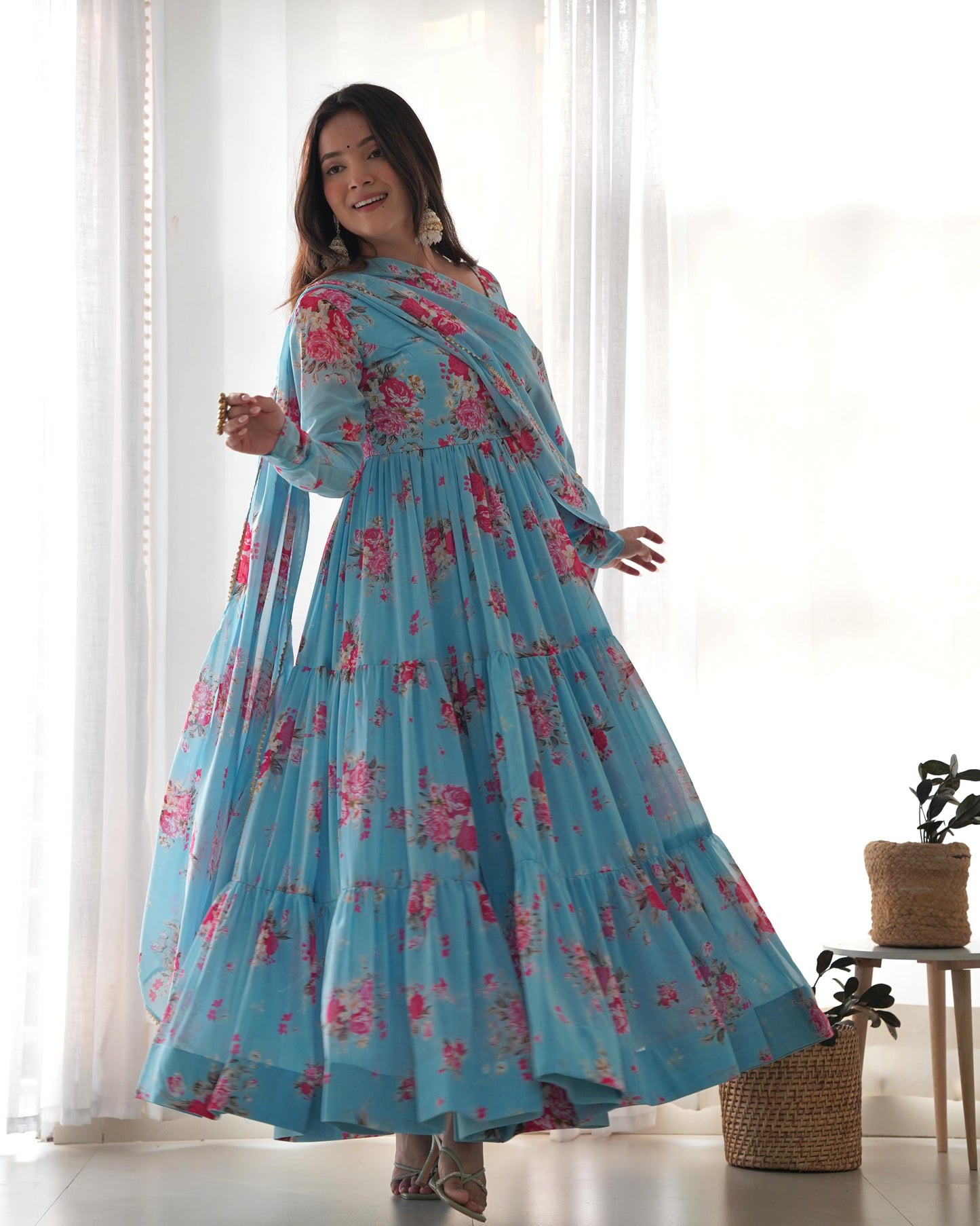 SKY BLUE COLOR GEORGETTE FLORAL PRINT ANARKALI 3PC KURTA SET