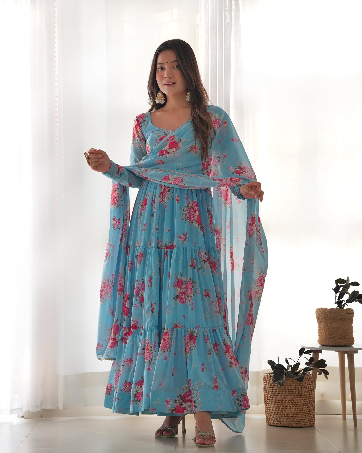 SKY BLUE COLOR GEORGETTE FLORAL PRINT ANARKALI 3PC KURTA SET
