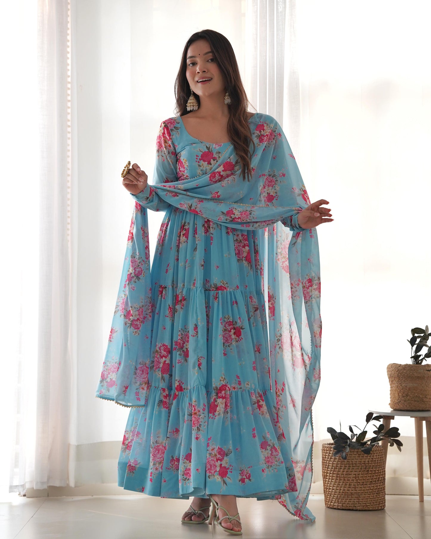 SKY BLUE COLOR GEORGETTE FLORAL PRINT ANARKALI 3PC KURTA SET