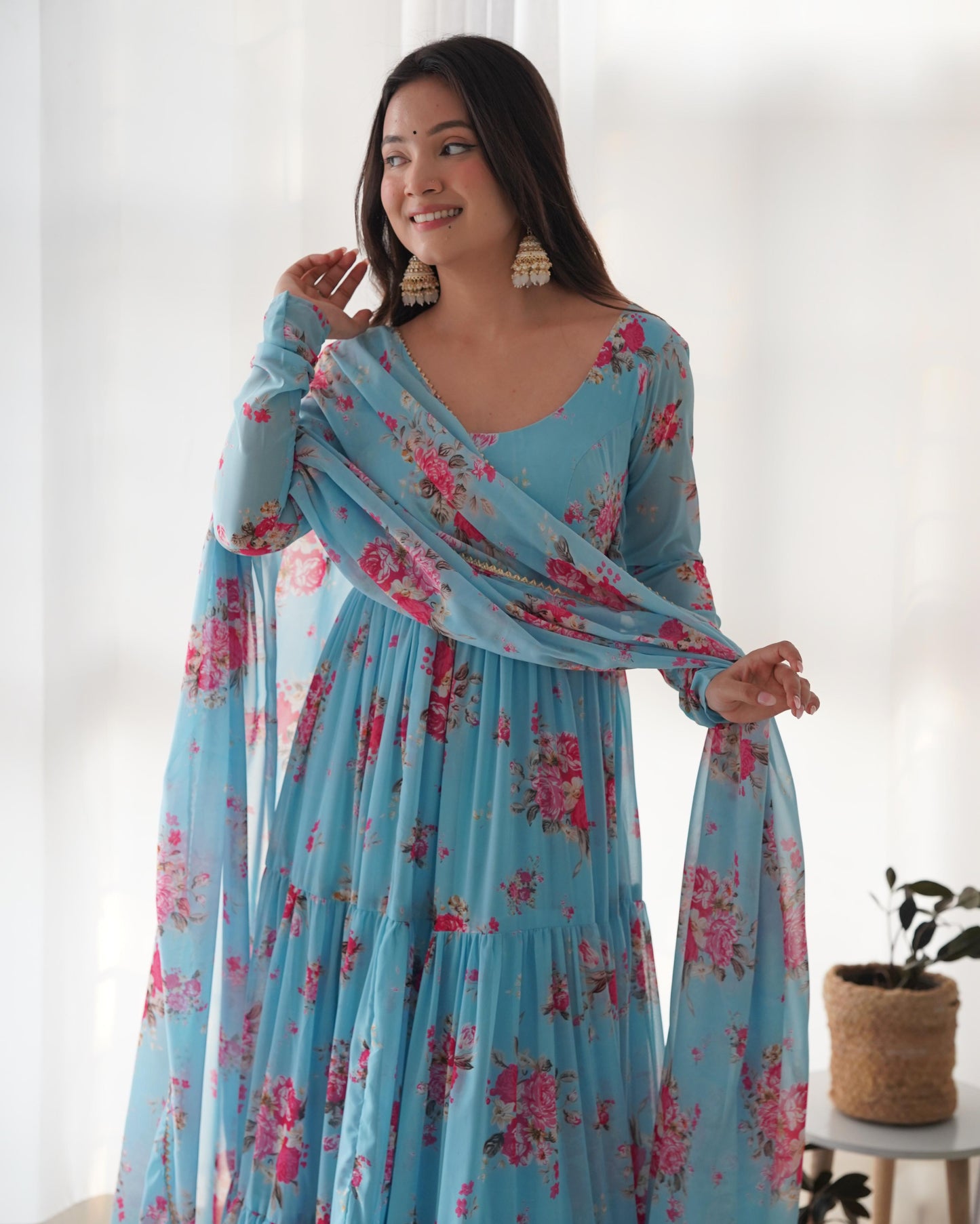 SKY BLUE COLOR GEORGETTE FLORAL PRINT ANARKALI 3PC KURTA SET