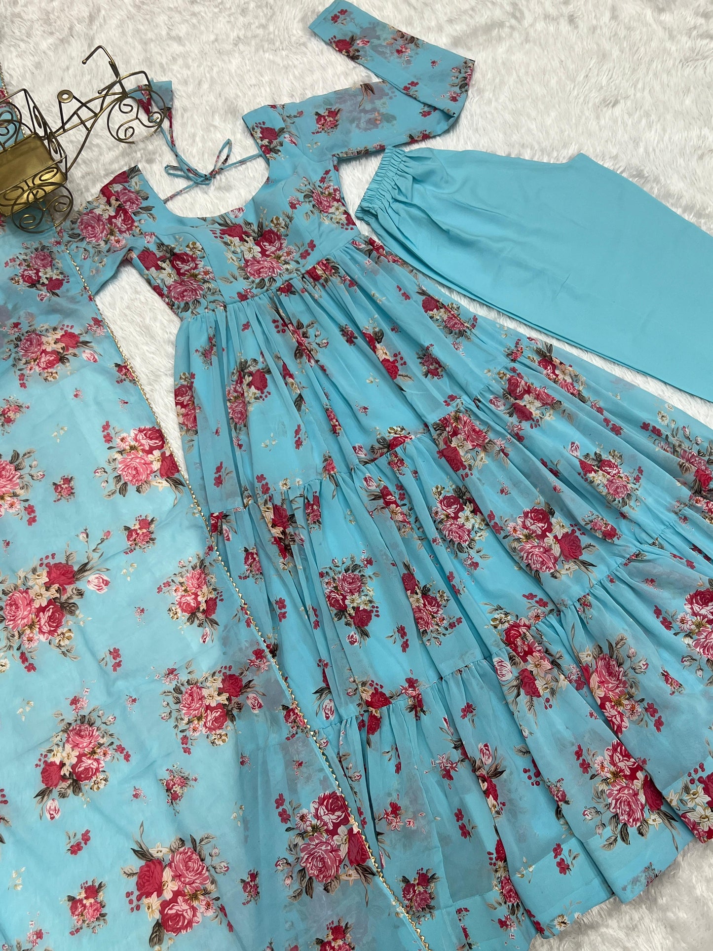 SKY BLUE COLOR GEORGETTE FLORAL PRINT ANARKALI 3PC KURTA SET