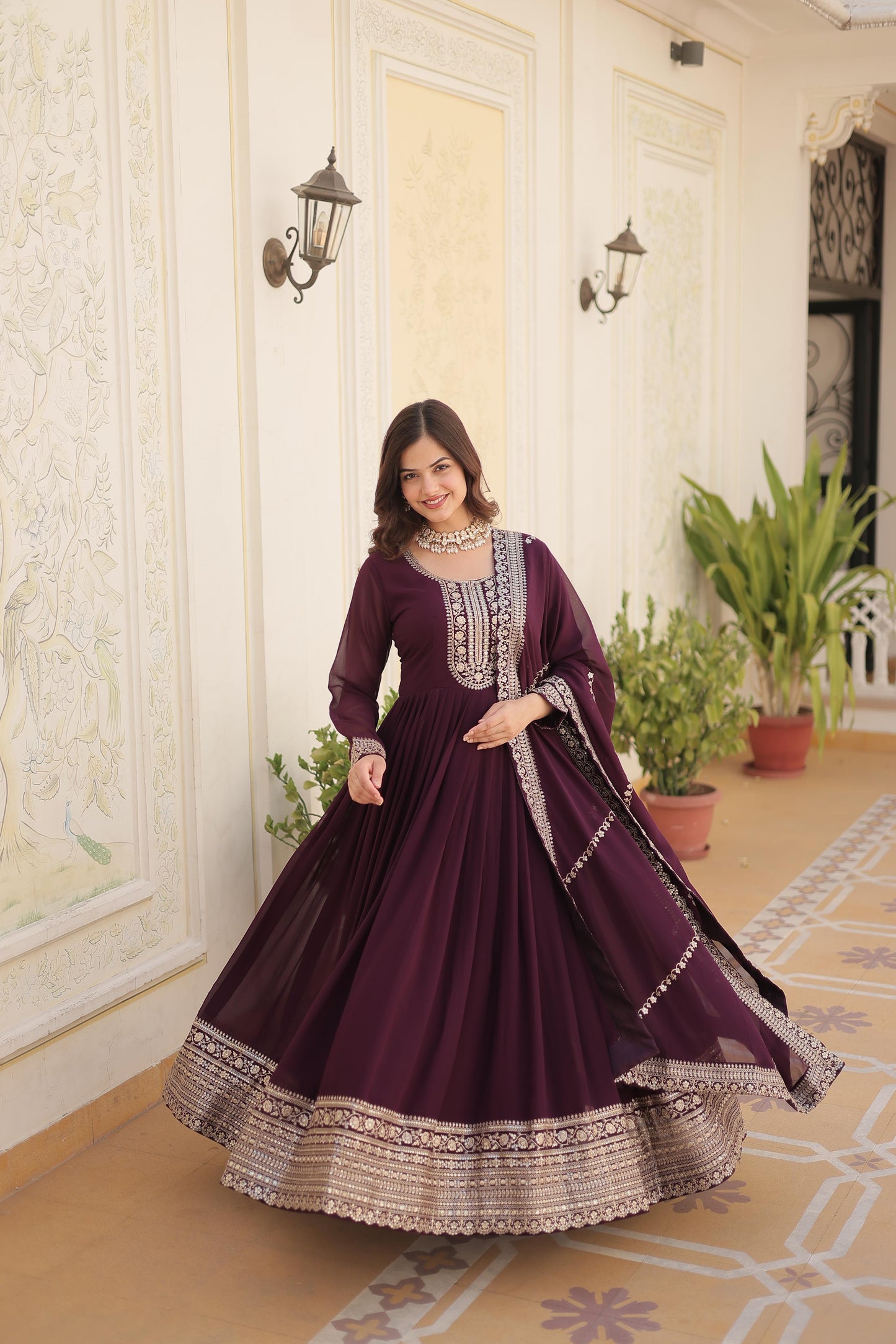 ELEGANT WINE COLOR ANARKALI GOWN WITH FAUX BLOOMING DUPATTA