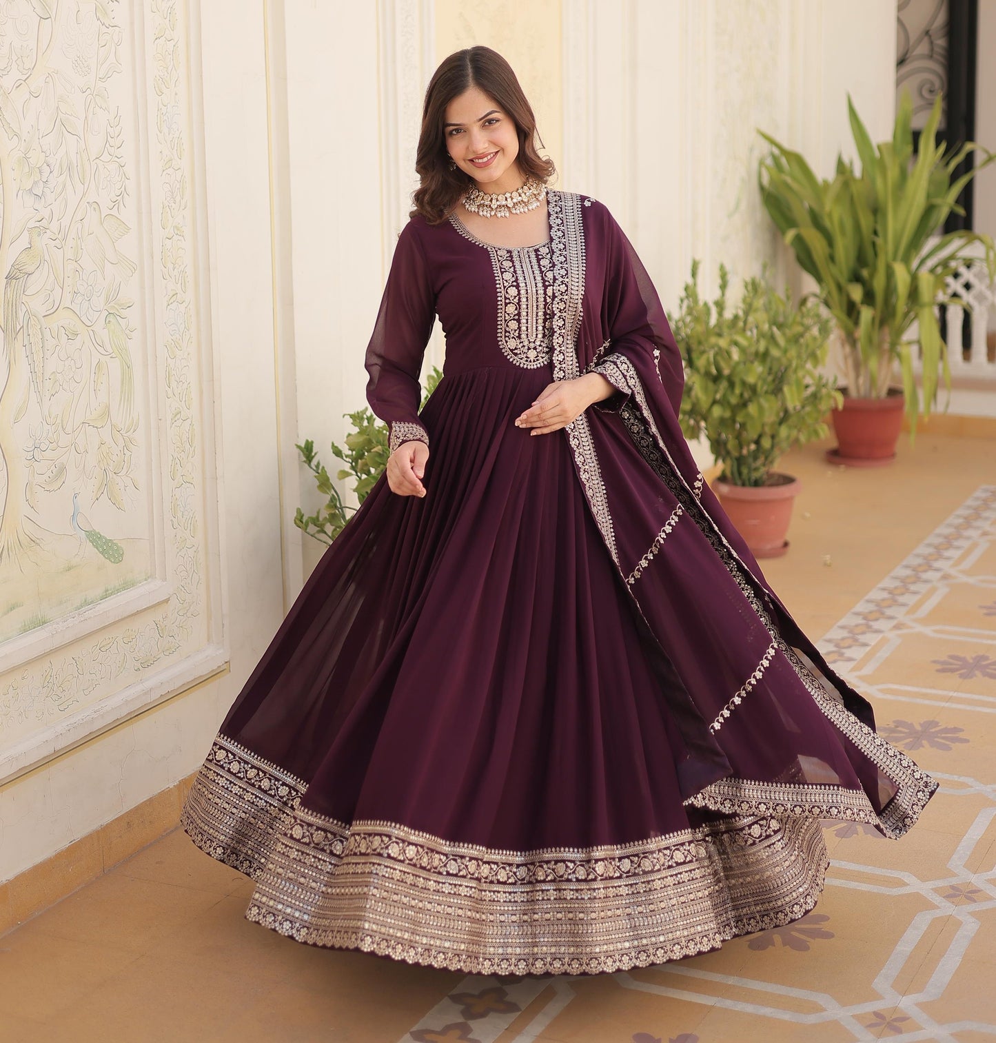 ELEGANT WINE COLOR ANARKALI GOWN WITH FAUX BLOOMING DUPATTA