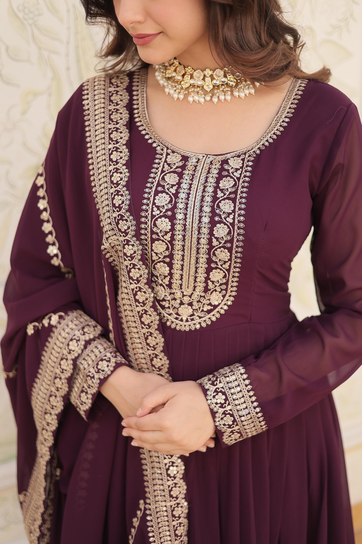 ELEGANT WINE COLOR ANARKALI GOWN WITH FAUX BLOOMING DUPATTA
