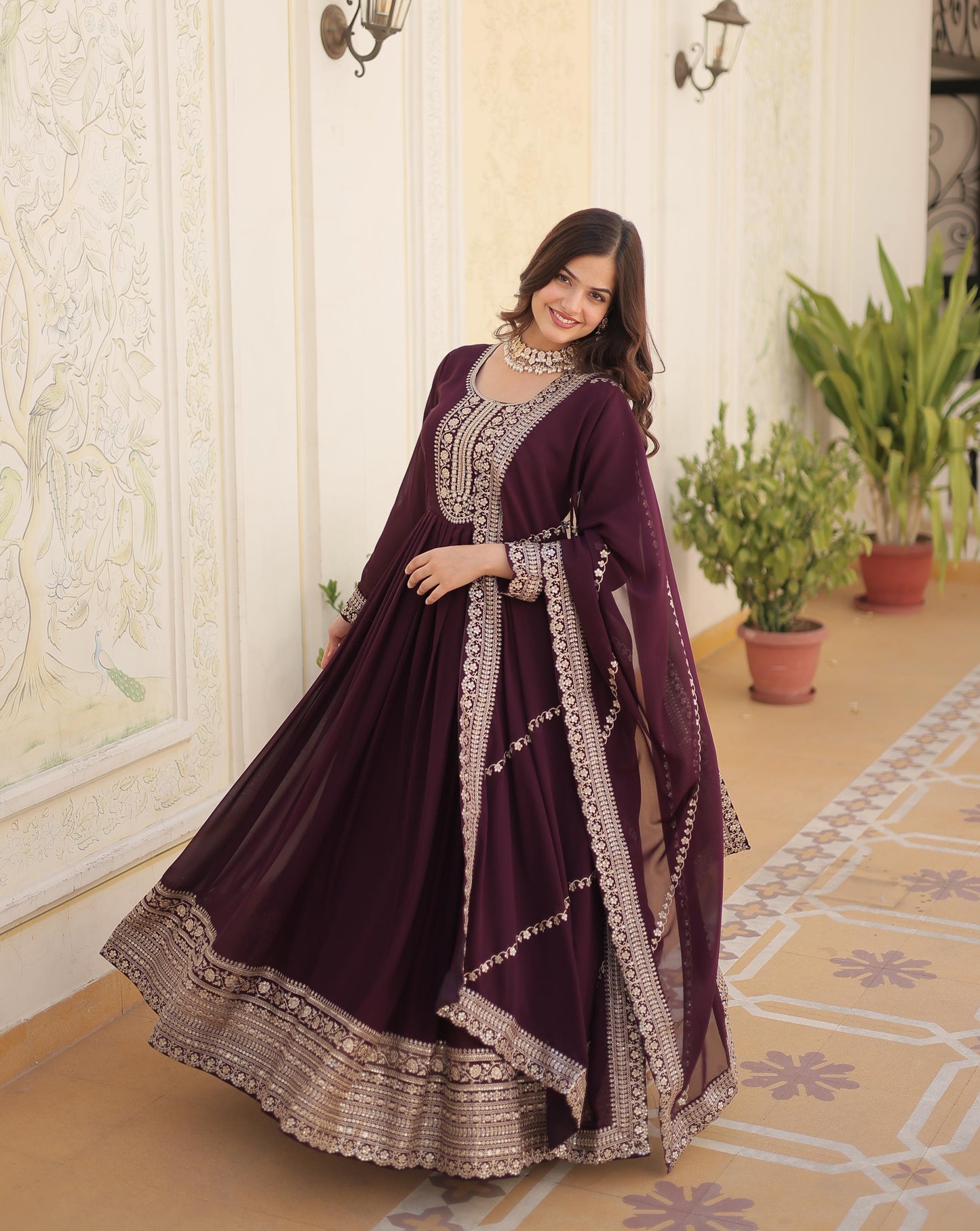 ELEGANT WINE COLOR ANARKALI GOWN WITH FAUX BLOOMING DUPATTA