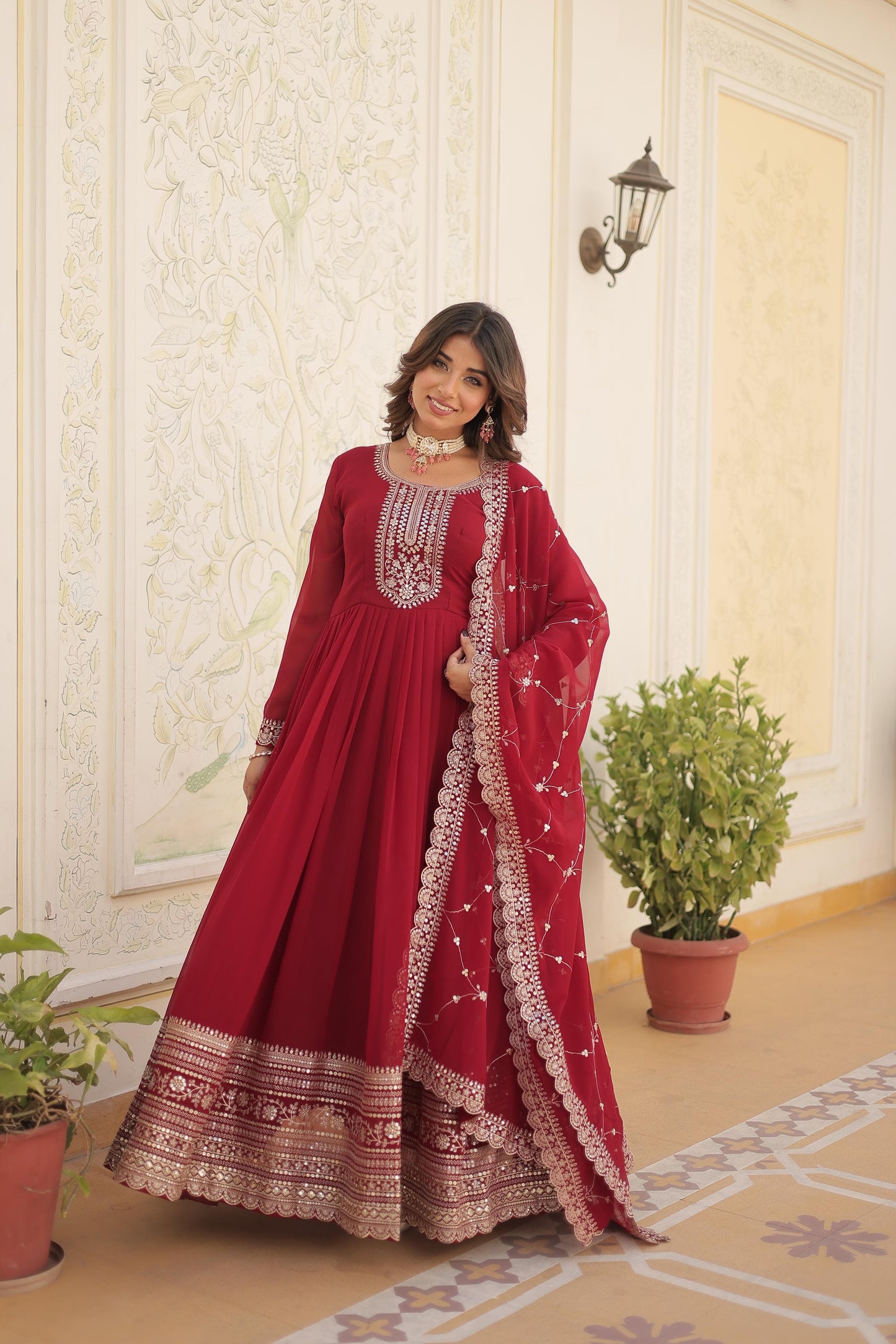 ELEGANT MAROON COLOR ANARKALI GOWN WITH FAUX BLOOMING DUPATTA