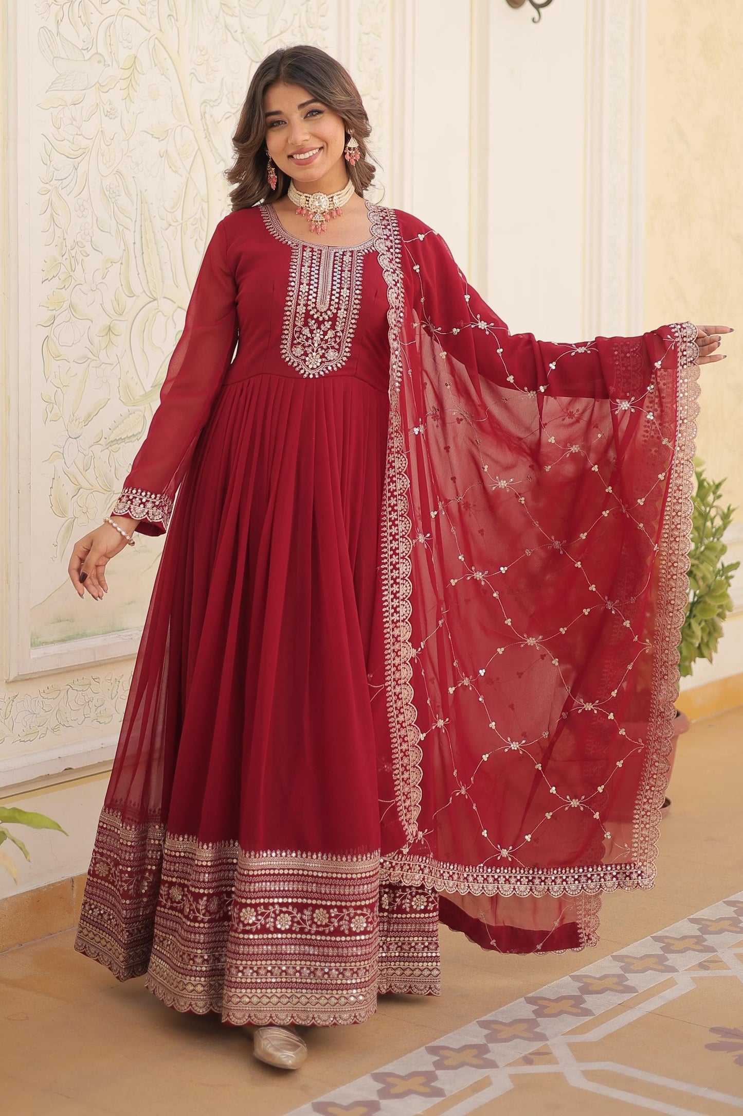 ELEGANT MAROON COLOR ANARKALI GOWN WITH FAUX BLOOMING DUPATTA